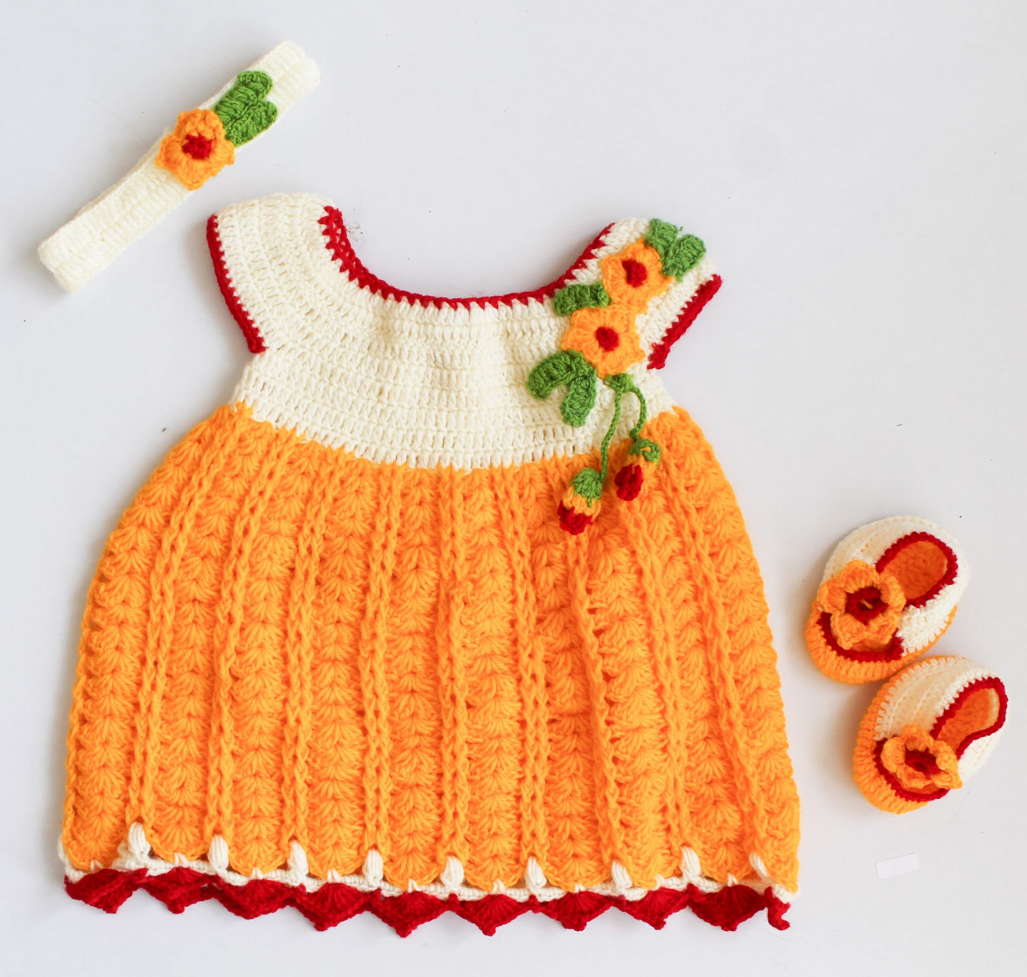 Woonie Handmade Short Sleeves Floral Dress With Headband & Booties - Orange