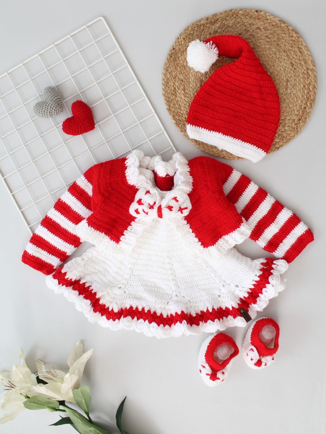 Woonie Handmade Heavy Frock with Full Sleeves Jacket With Cap & Booties- Red & White