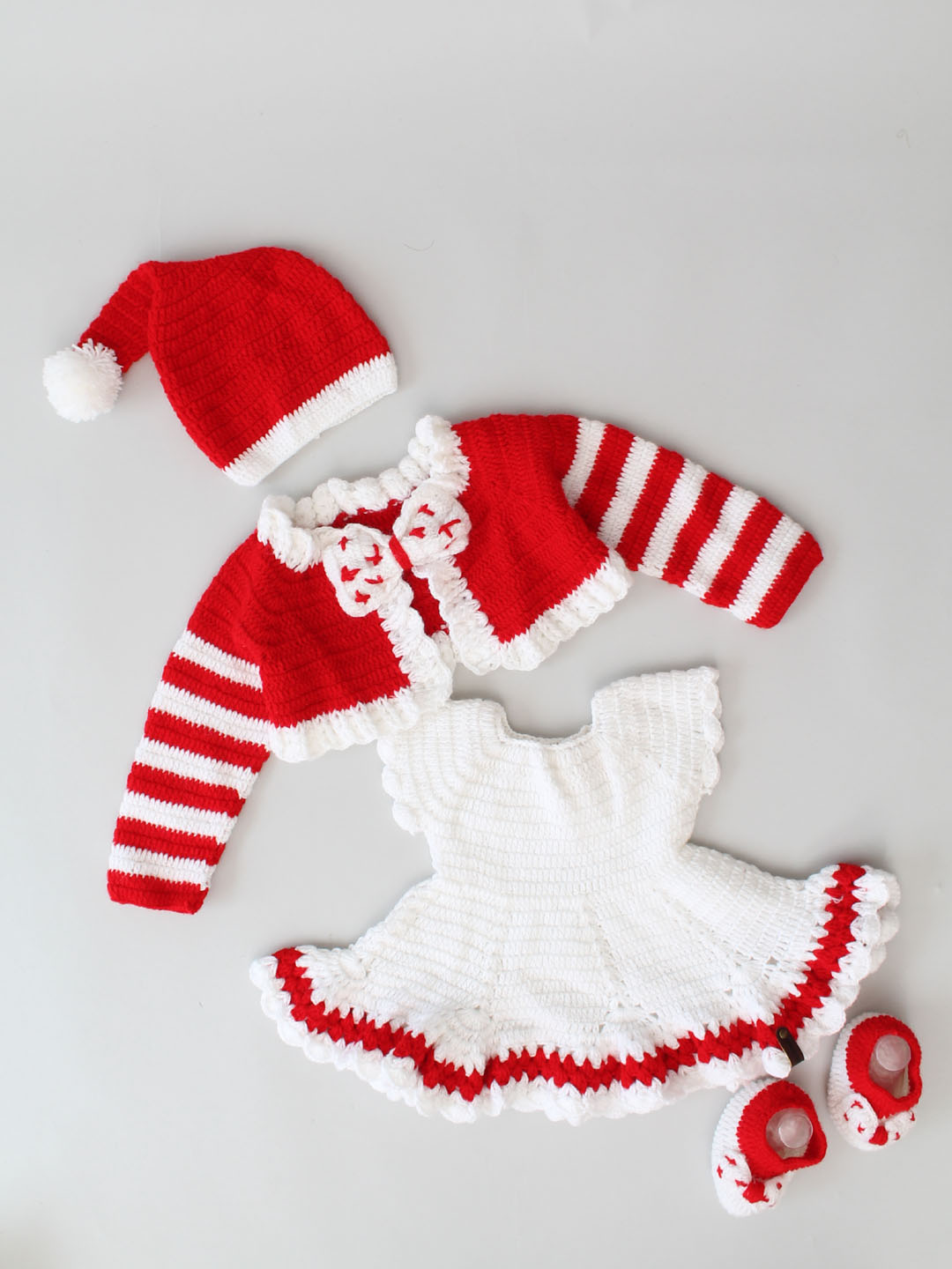 Woonie Handmade Heavy Frock with Full Sleeves Jacket With Cap & Booties- Red & White