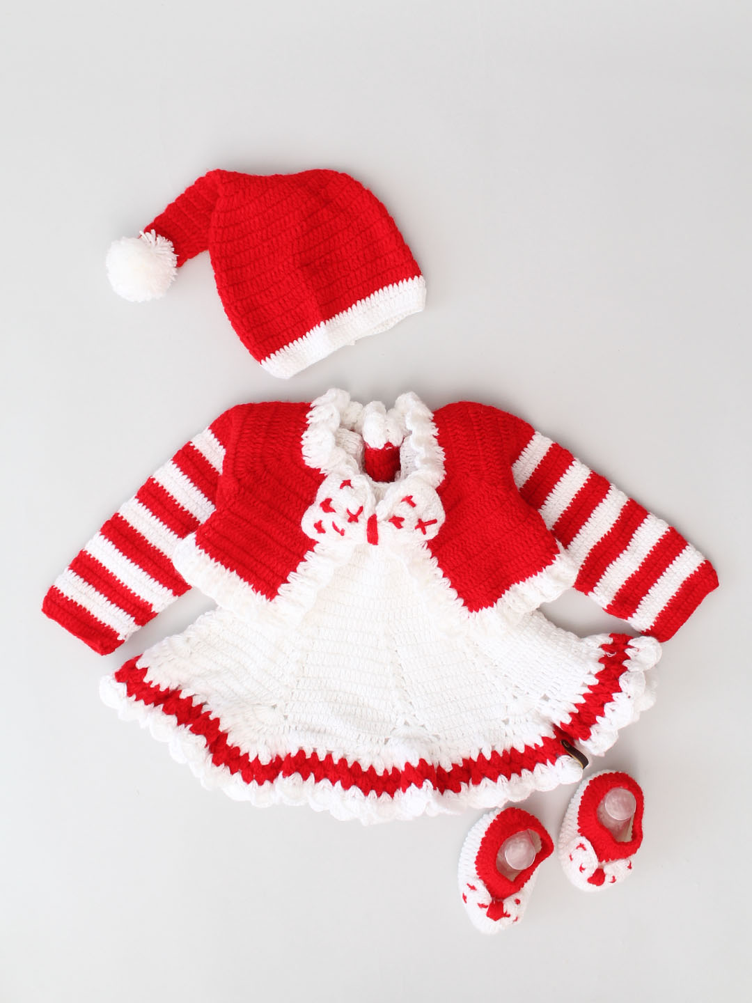 Woonie Handmade Heavy Frock with Full Sleeves Jacket With Cap & Booties- Red & White