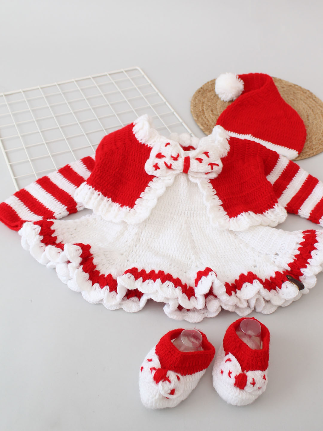 Woonie Handmade Heavy Frock with Full Sleeves Jacket With Cap & Booties- Red & White