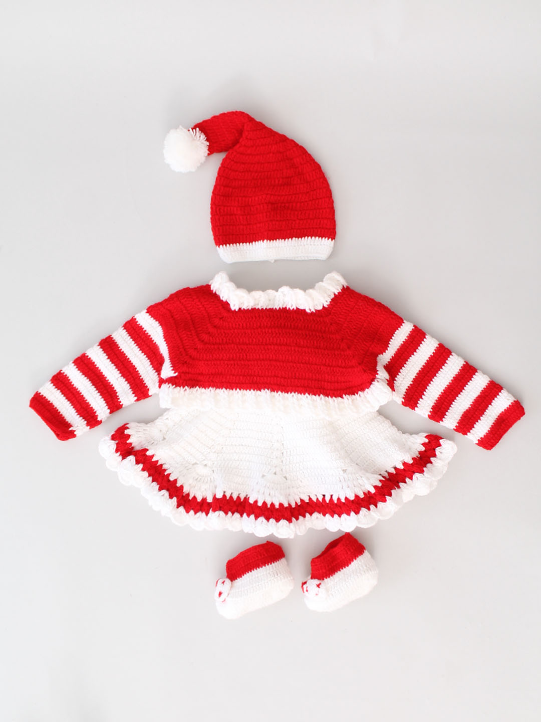 Woonie Handmade Heavy Frock with Full Sleeves Jacket With Cap & Booties- Red & White