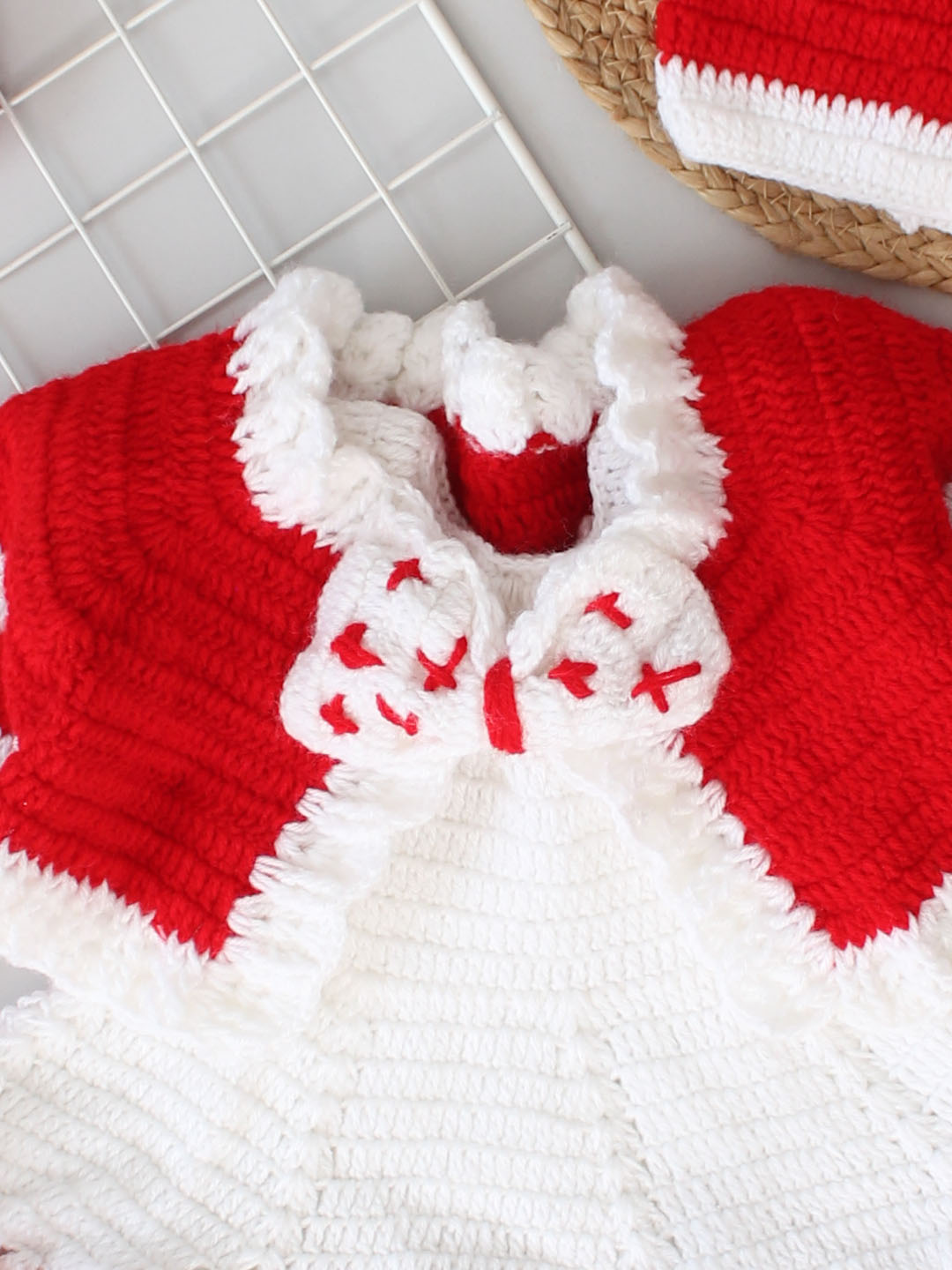Woonie Handmade Heavy Frock with Full Sleeves Jacket With Cap & Booties- Red & White