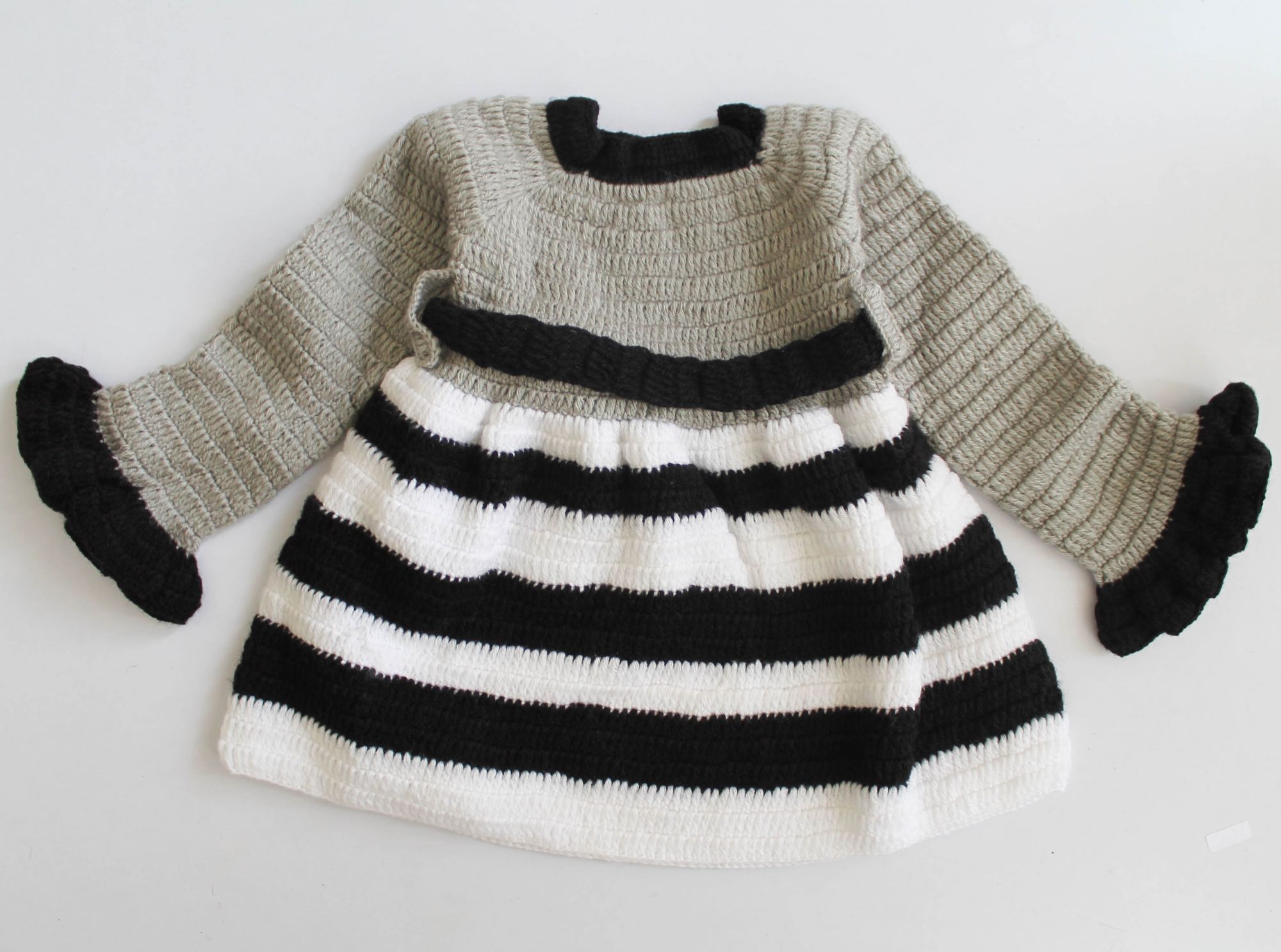 Woonie Striped Full Sleeves Handmade Dress - Grey