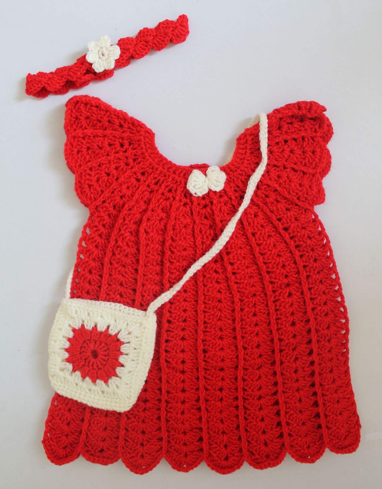Woonie Short Sleeves Bow Design Handmade Frock With Headband & Bag - Red