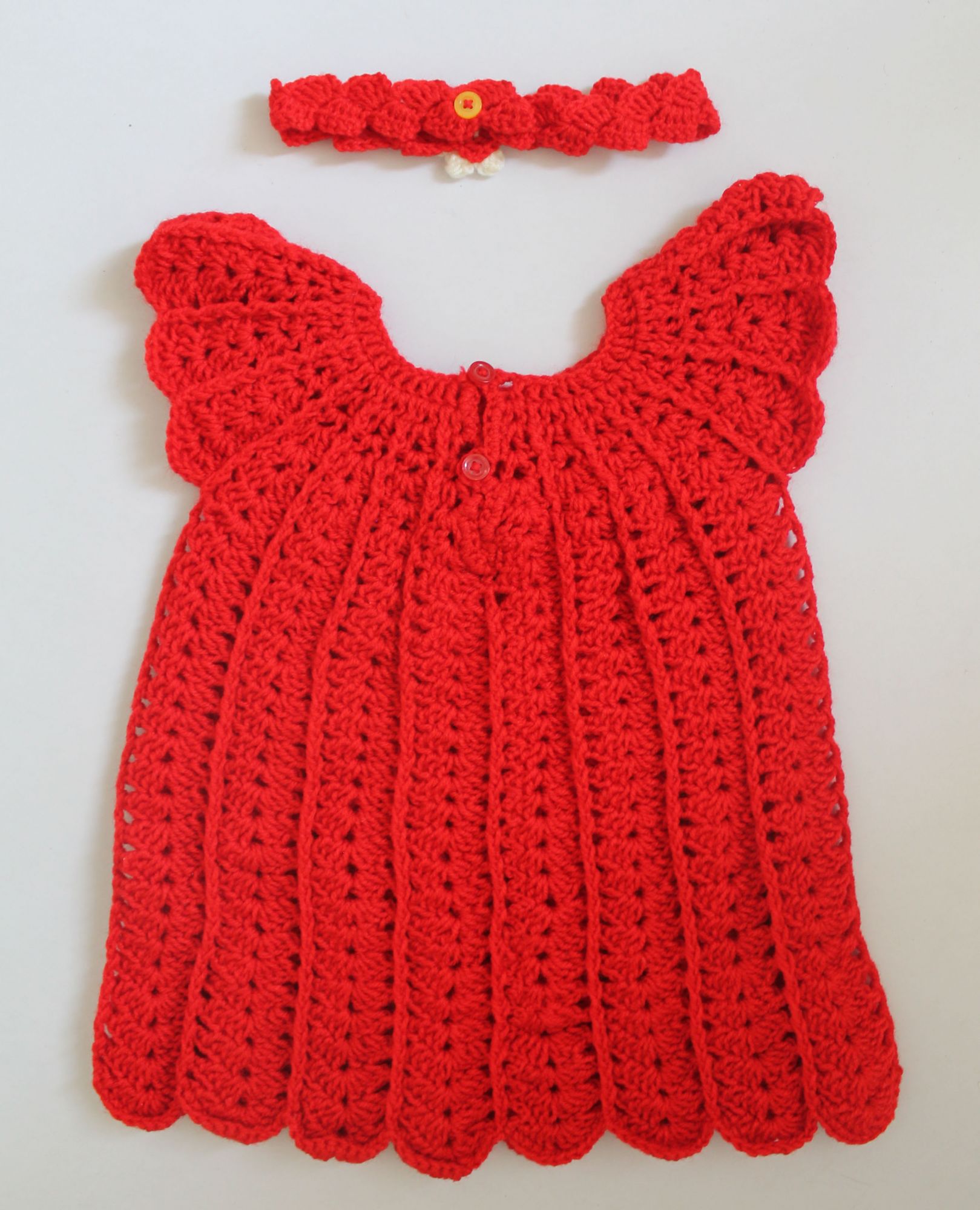Woonie Short Sleeves Bow Design Handmade Frock With Headband & Bag - Red