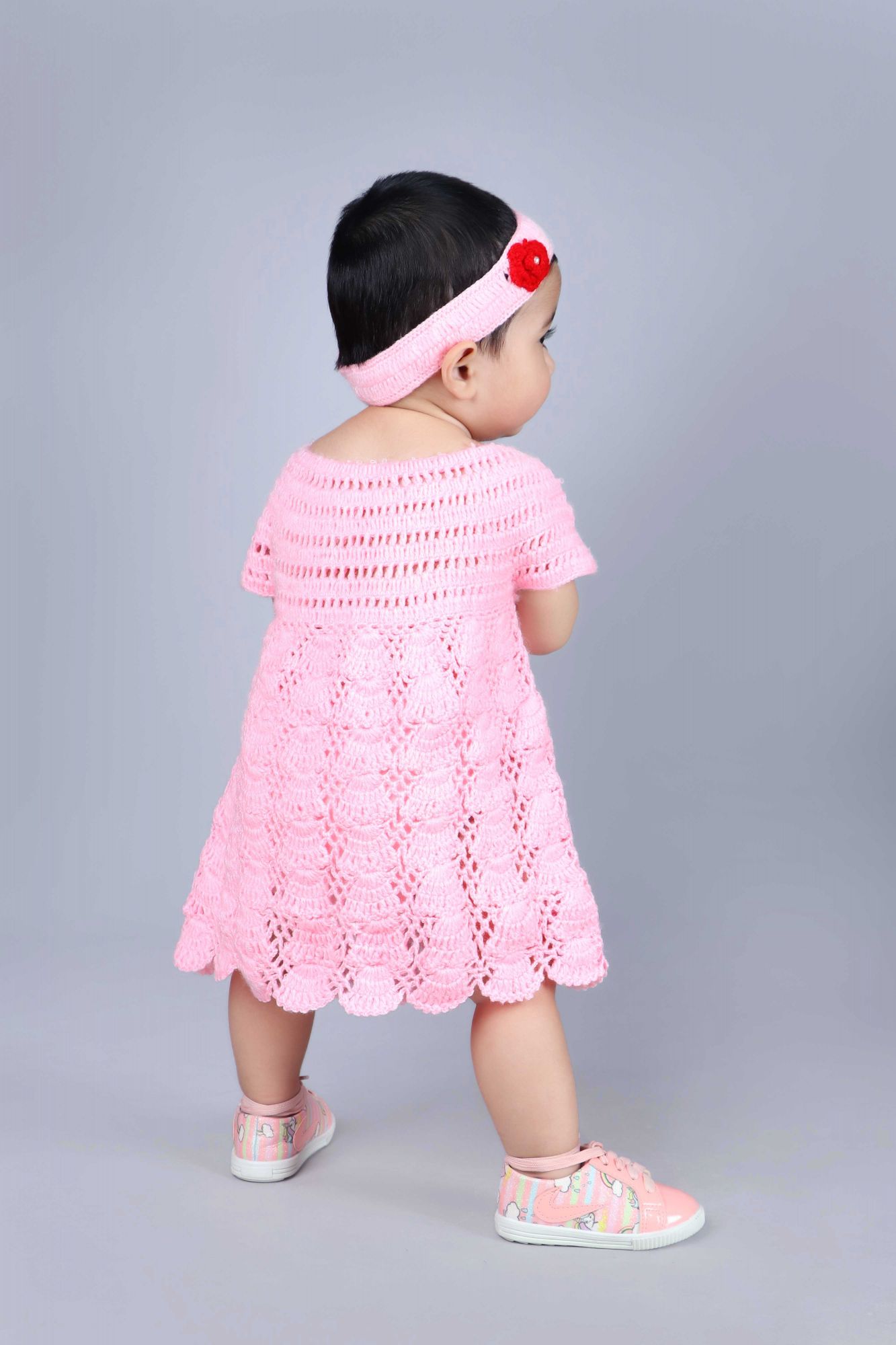 Woonie Half Sleeves Flower Design Dress With Headband -Pink