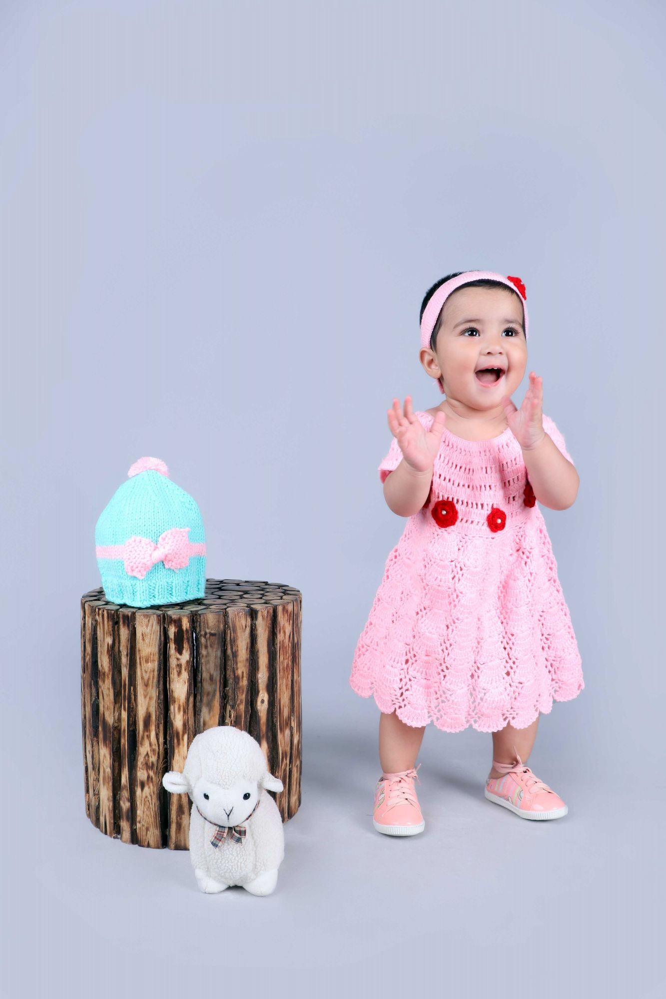 Woonie Sleeveless Flower Design Handmade Dress With Headband - Light Pink