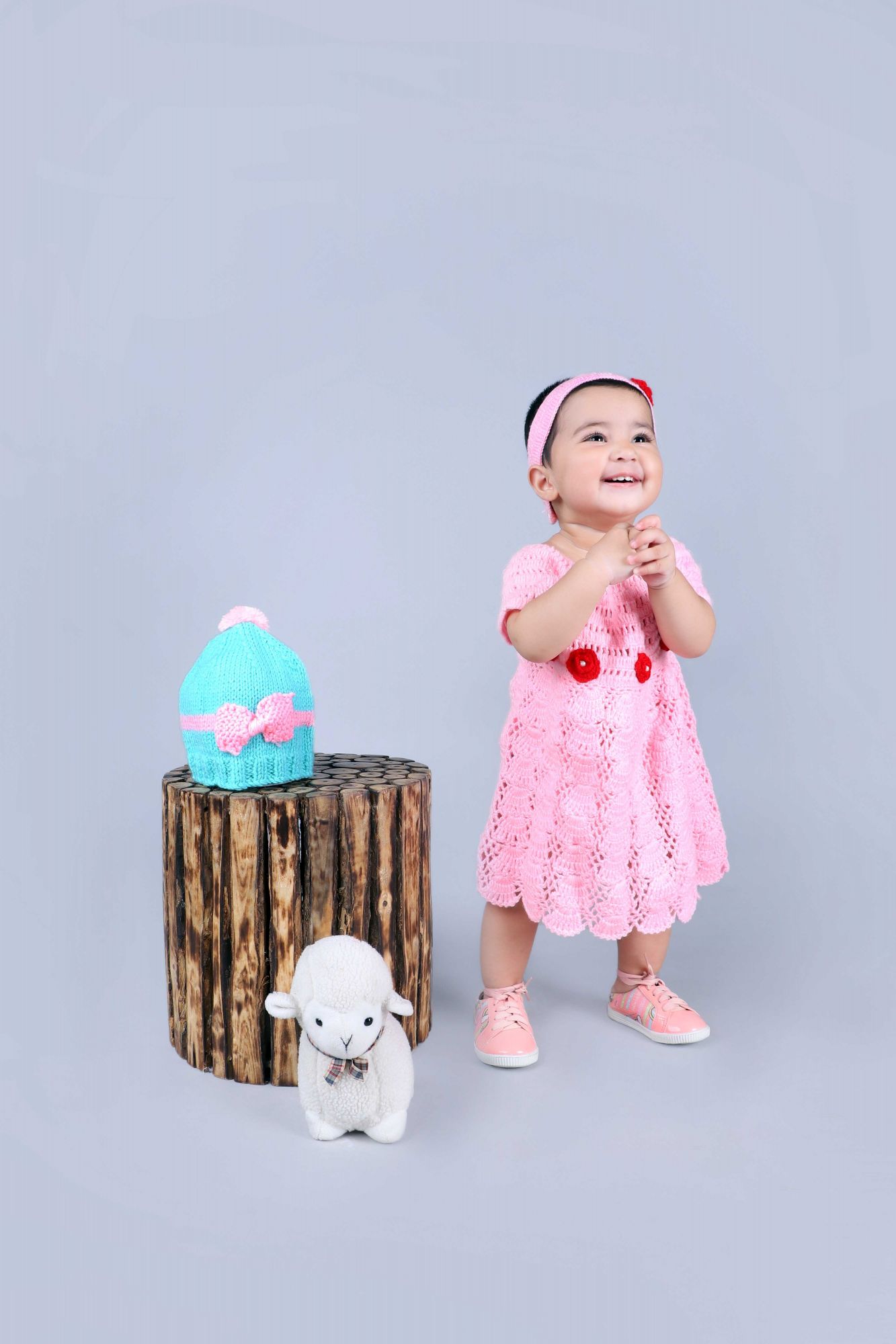 Woonie Sleeveless Flower Design Handmade Dress With Headband - Light Pink