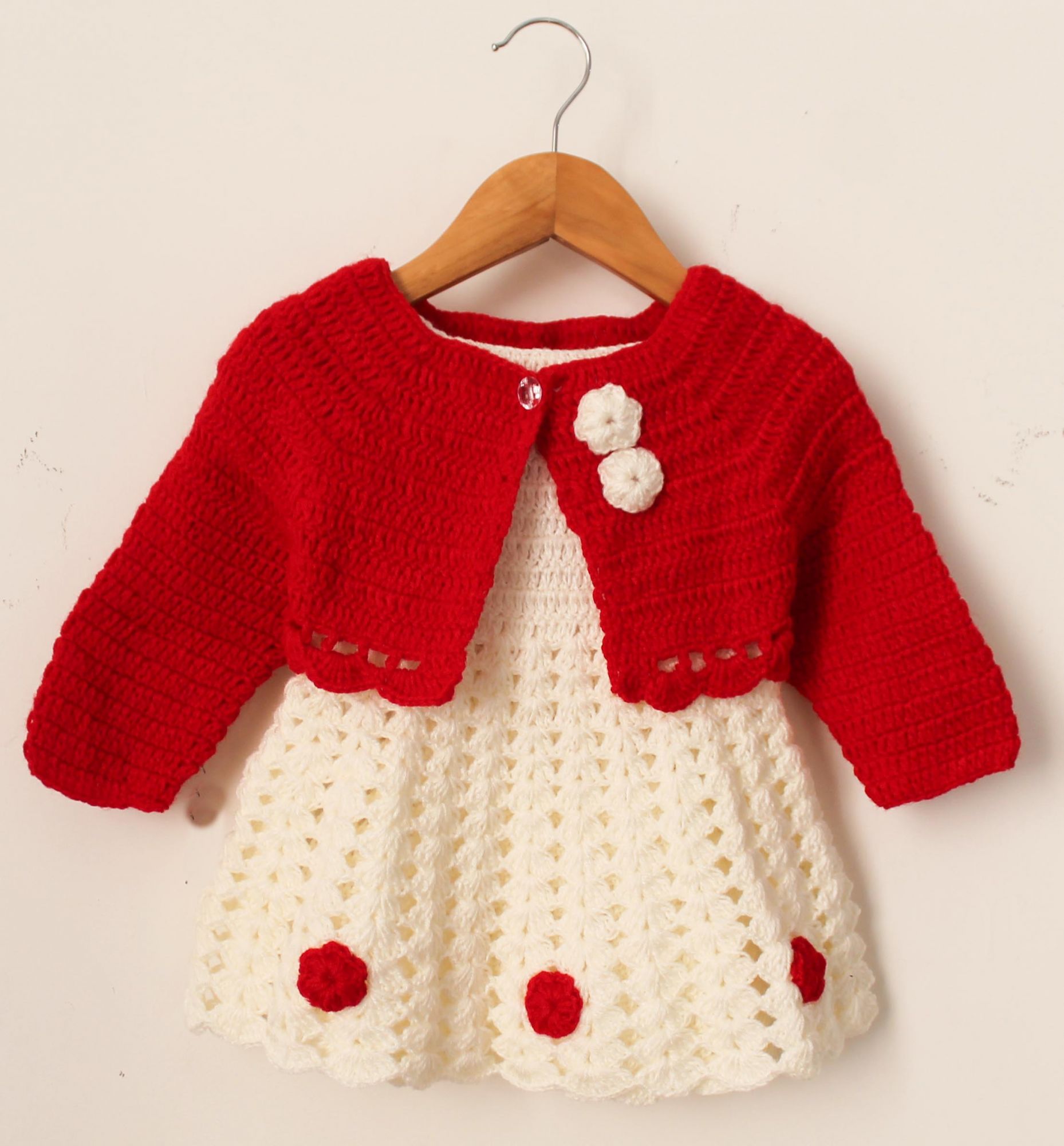 Woonie Handmade Short Sleeves Dress With Floral Embellished Shrug -Red