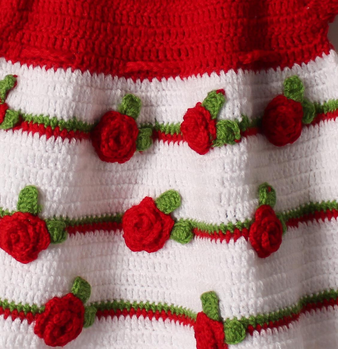 Woonie Handmade Short Sleeves Flowers Applique Frock- Red & White