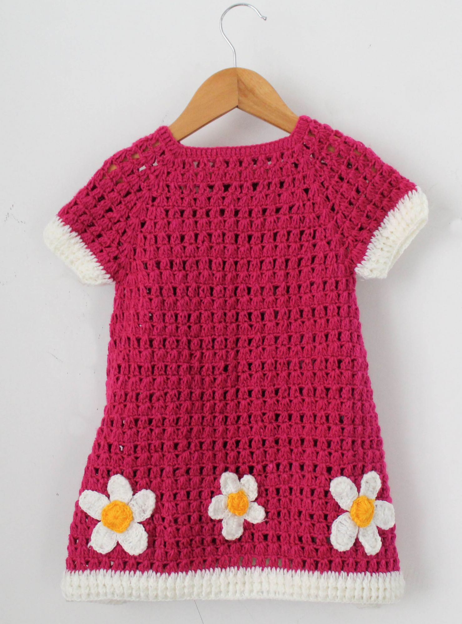Woonie Short Sleeves Flower Applique Handmade Dress- Dark Pink