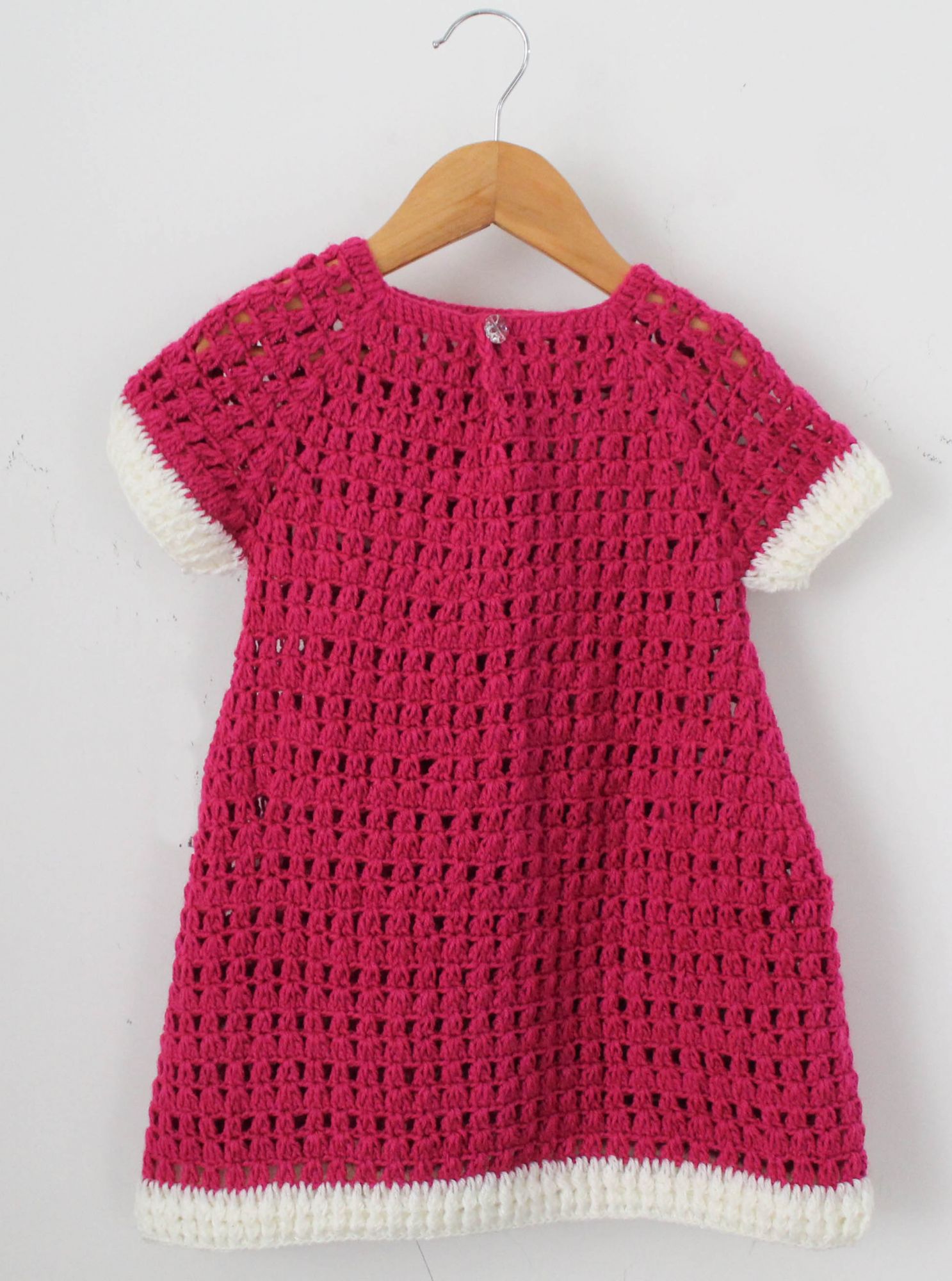 Woonie Short Sleeves Flower Applique Handmade Dress- Dark Pink