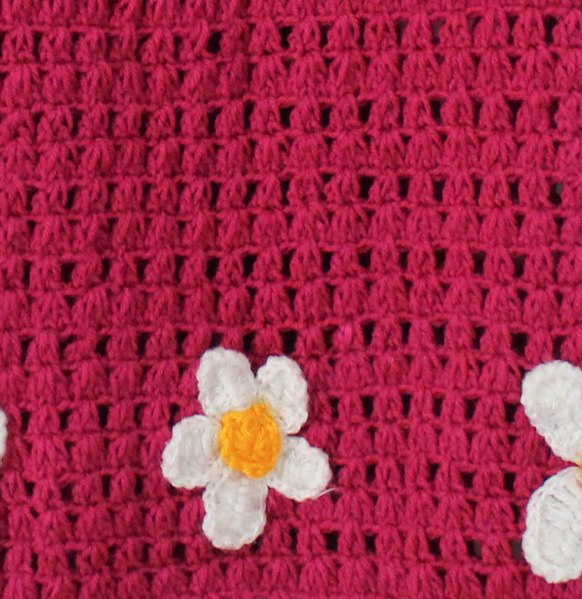 Woonie Short Sleeves Flower Applique Handmade Dress- Dark Pink