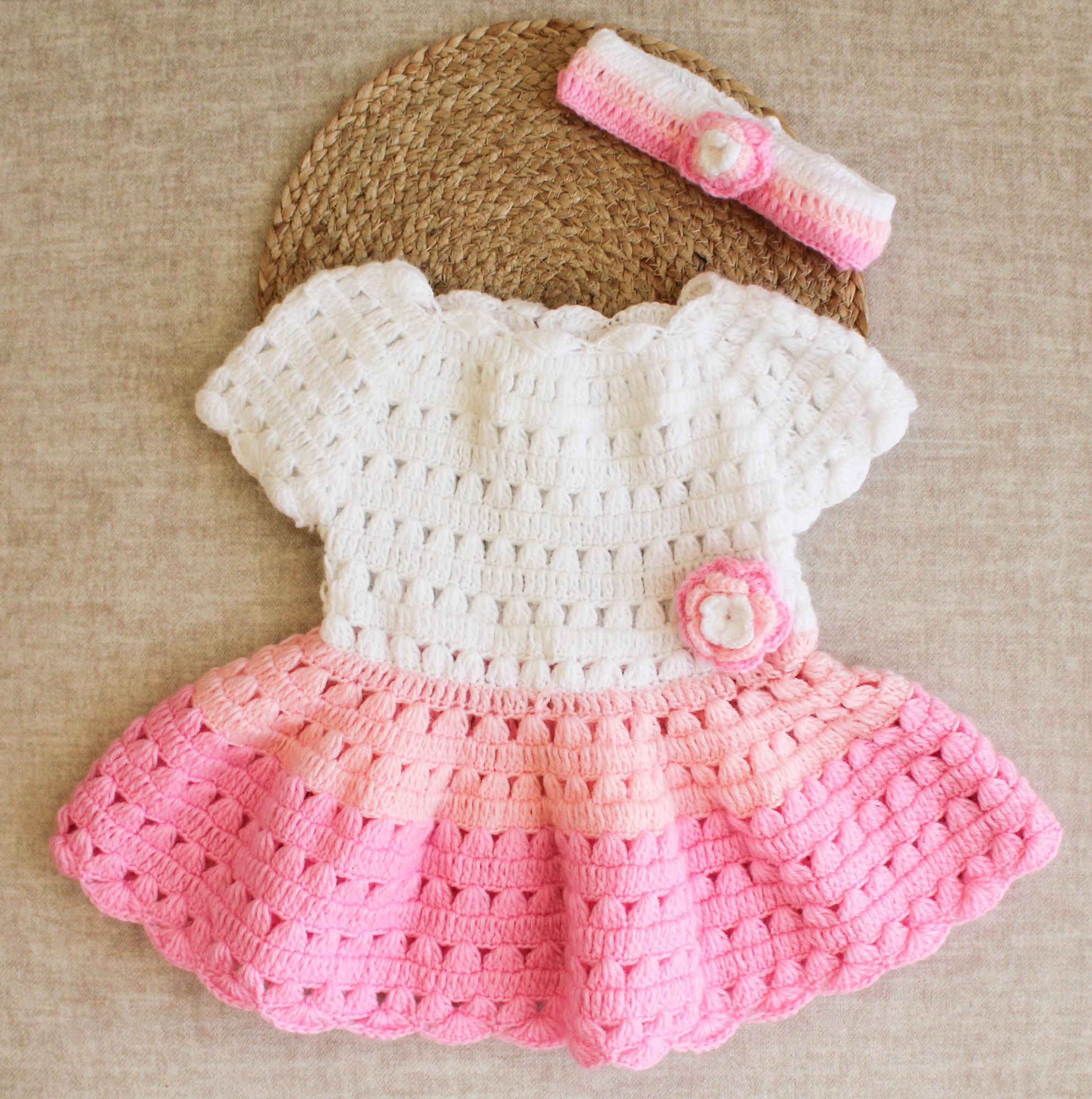 Woonie Handmade Short Sleeves Floral Design Frock With Headband-White & Pink
