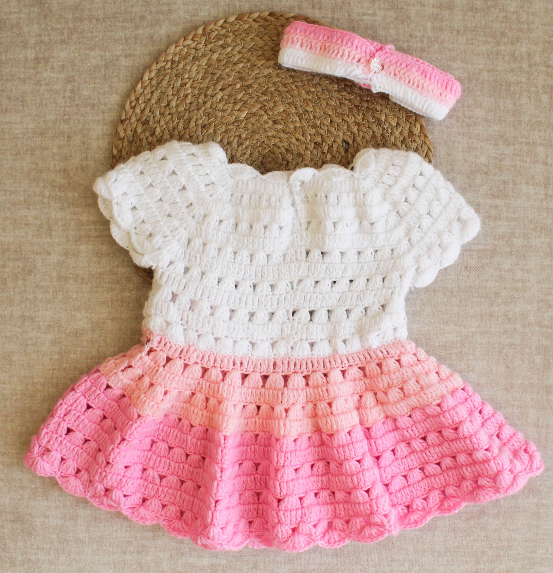 Woonie Handmade Short Sleeves Floral Design Frock With Headband-White & Pink