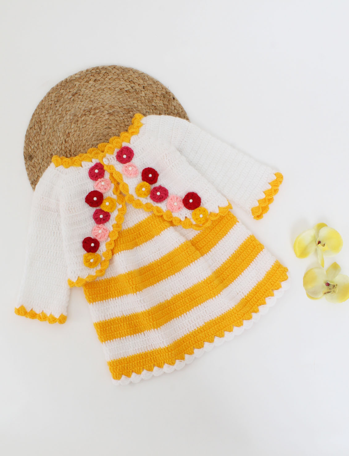 Woonie Handmade Short Sleeves Frock With Floral Full Sleeves Shrug-Yellow & White