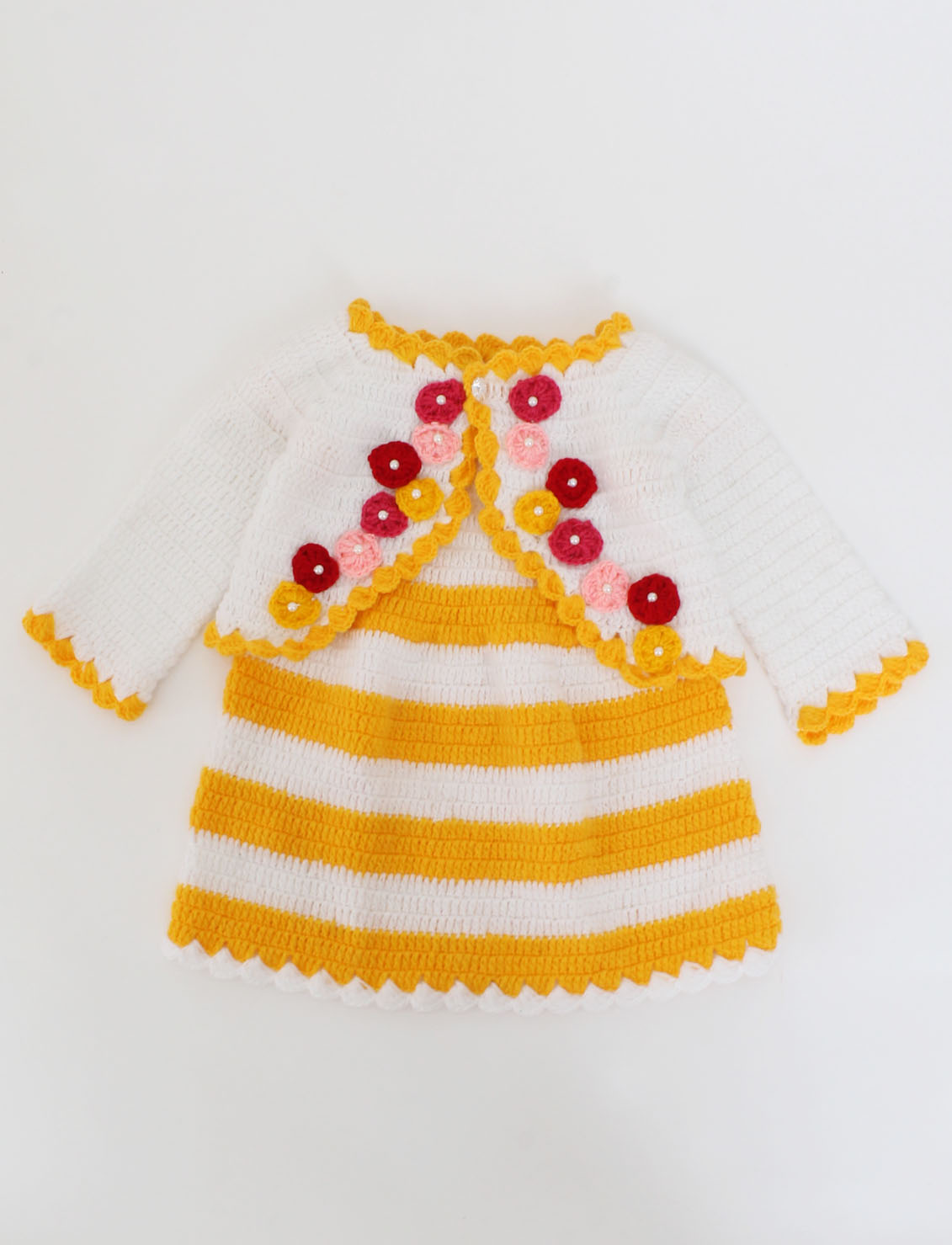 Woonie Handmade Short Sleeves Frock With Floral Full Sleeves Shrug-Yellow & White