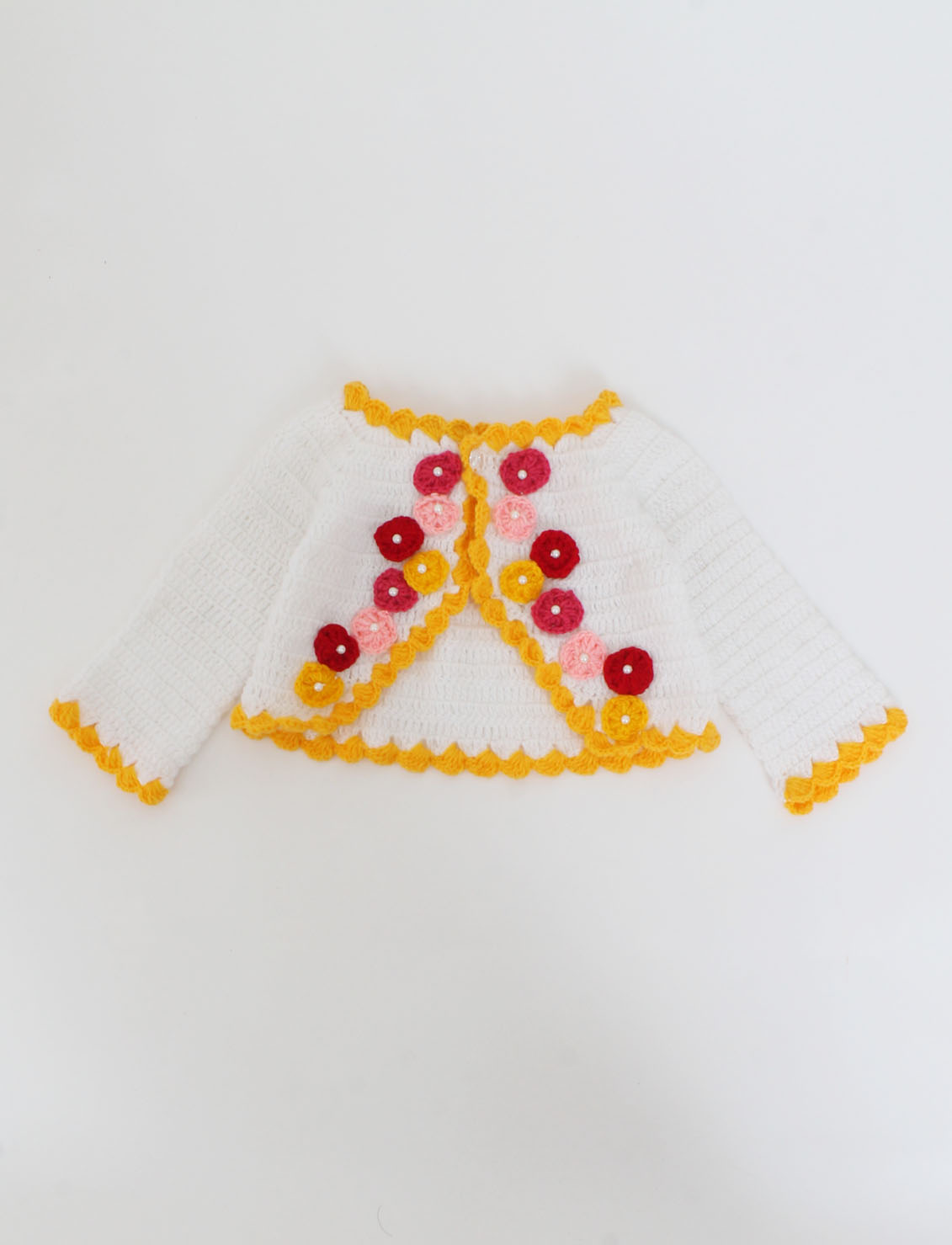 Woonie Handmade Short Sleeves Frock With Floral Full Sleeves Shrug-Yellow & White