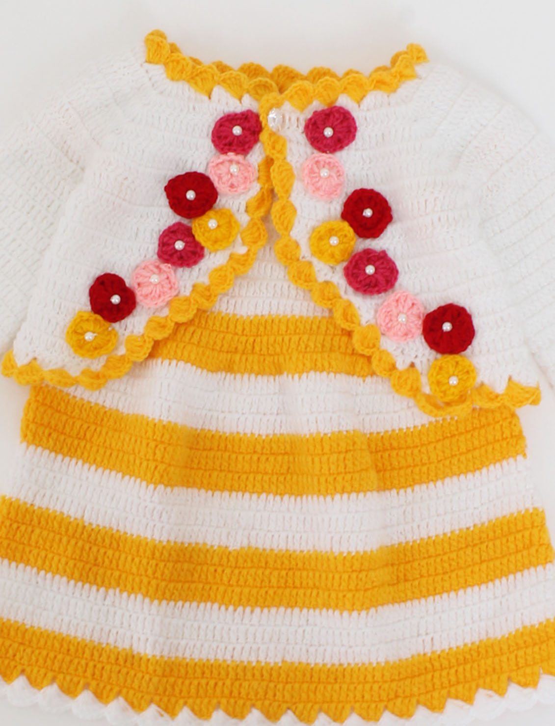 Woonie Handmade Short Sleeves Frock With Floral Full Sleeves Shrug-Yellow & White