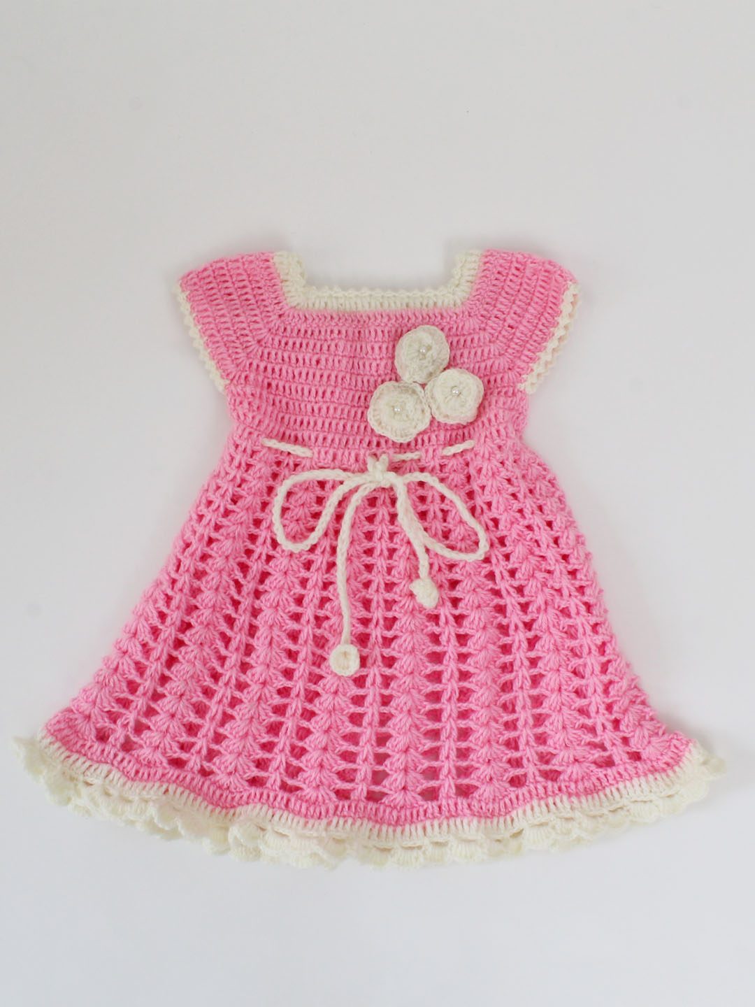 Woonie Handmade Short Sleeves Floral Design Drawstring Frock-Pink