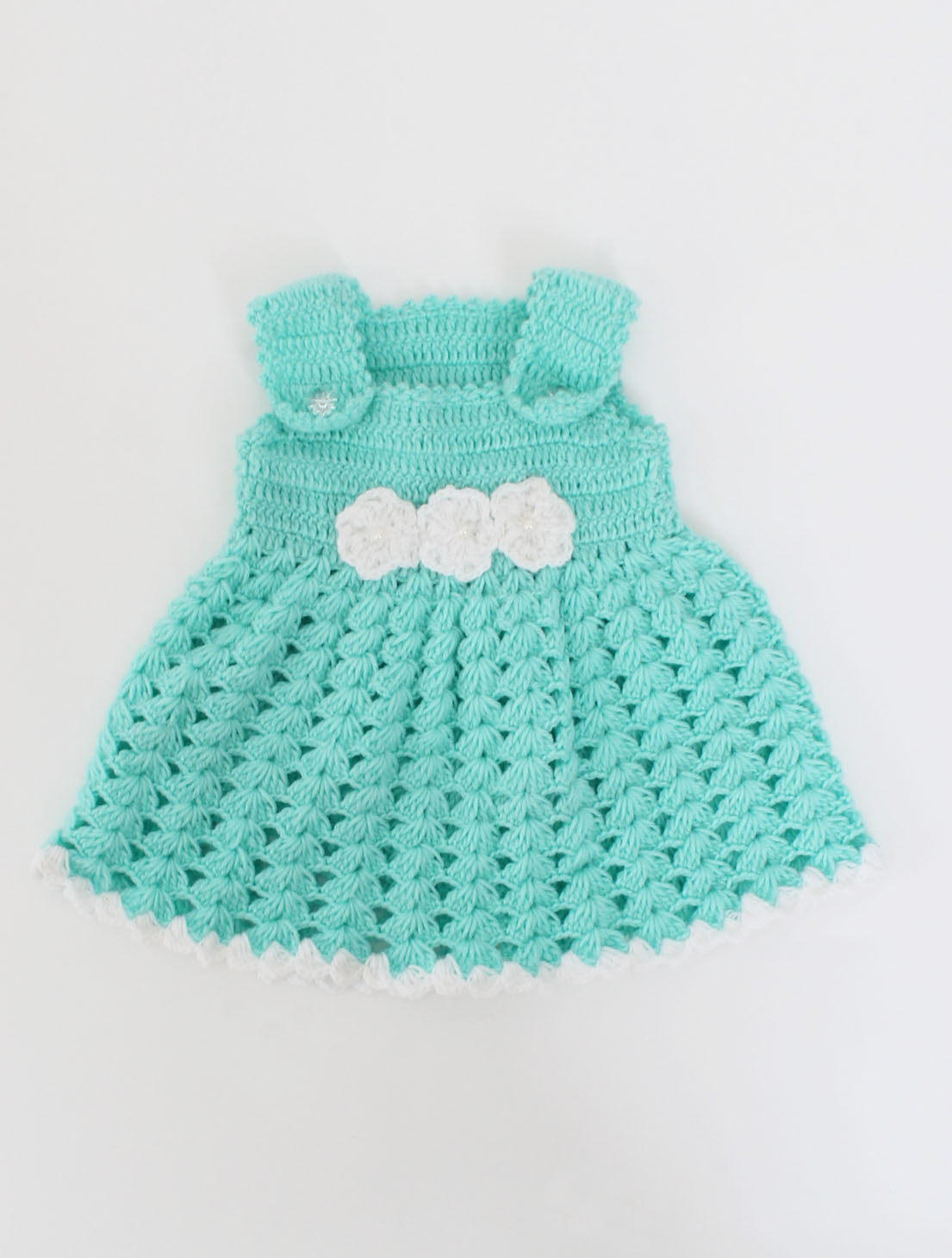 Woonie Handmade Sleeveless Floral Detailing Frock with Full Sleeves Shrug-White & Green
