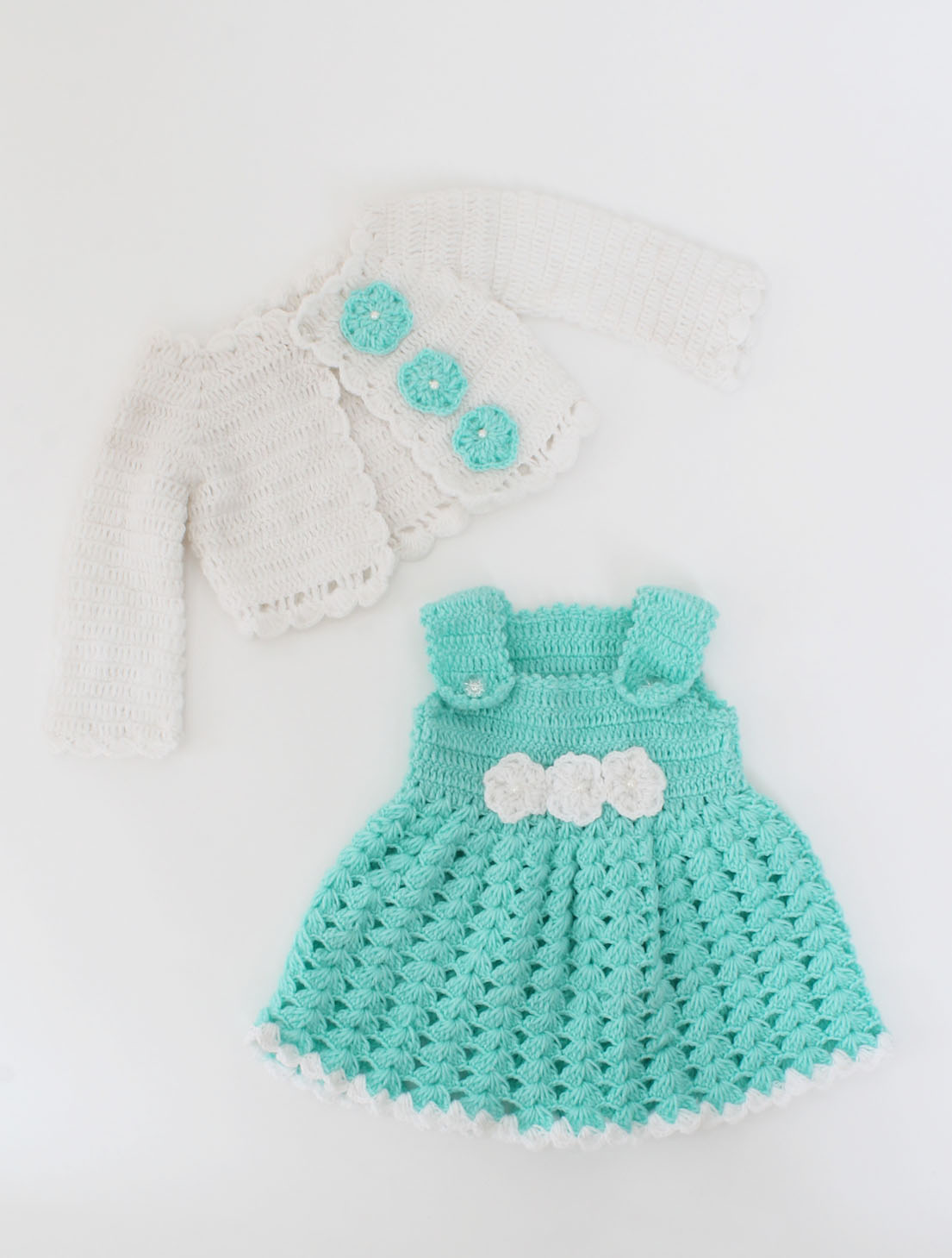 Woonie Handmade Sleeveless Floral Detailing Frock with Full Sleeves Shrug-White & Green