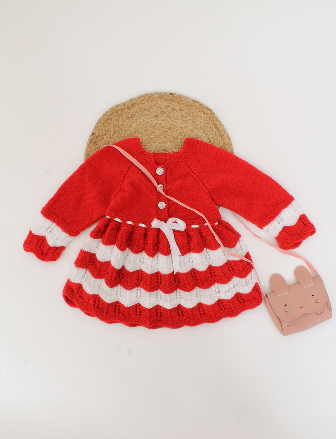Woonie Handmade Full Sleeves Self Design Frock-Red