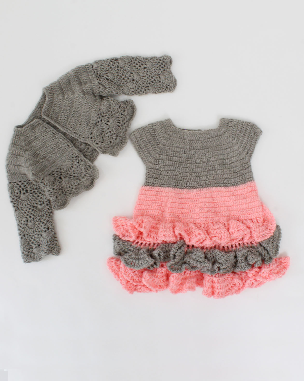 Woonie Handmade Short Sleeves Frill Design Heavy Frock With Full Sleeves Shrug-Pink & Grey