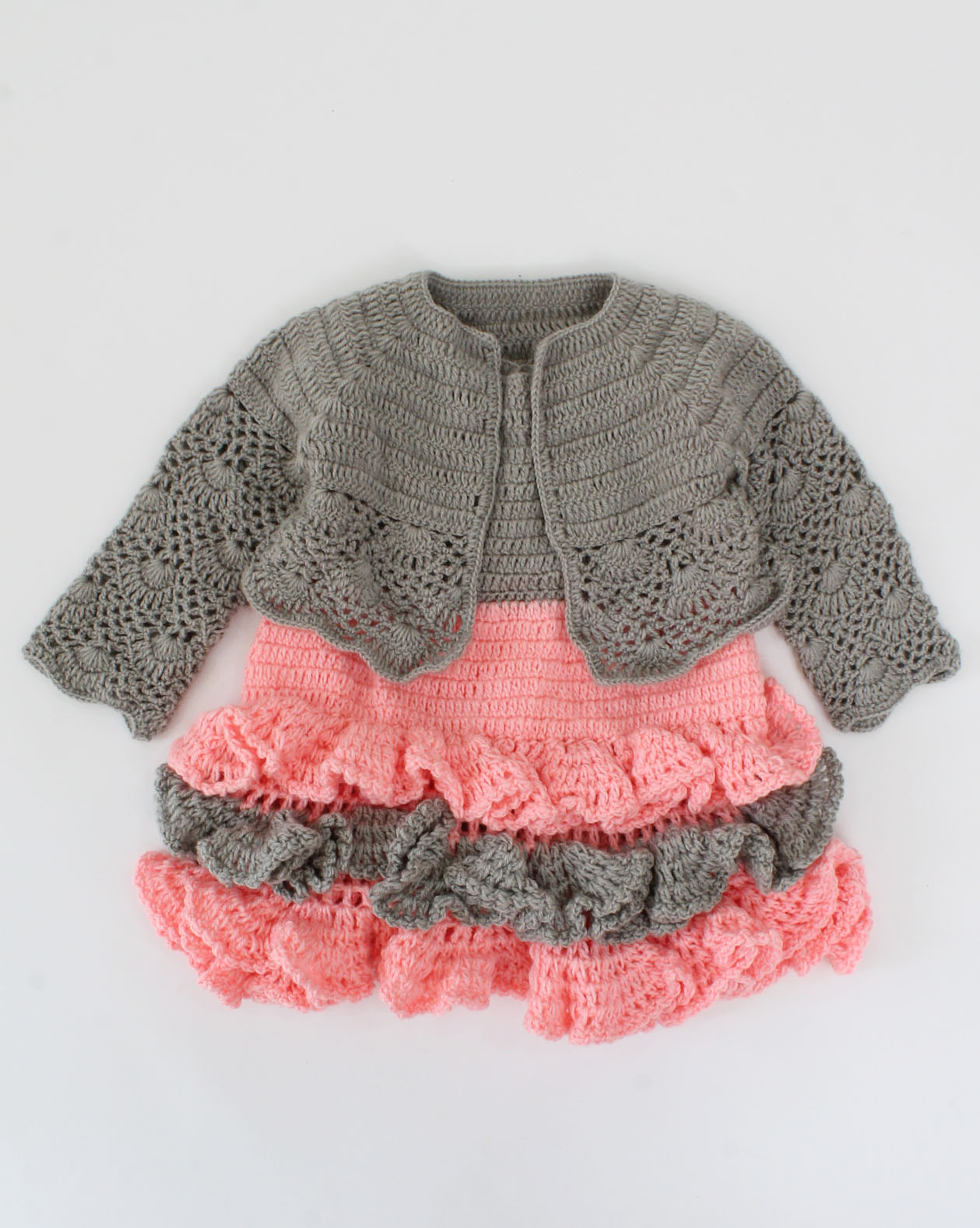 Woonie Handmade Short Sleeves Frill Design Heavy Frock With Full Sleeves Shrug-Pink & Grey
