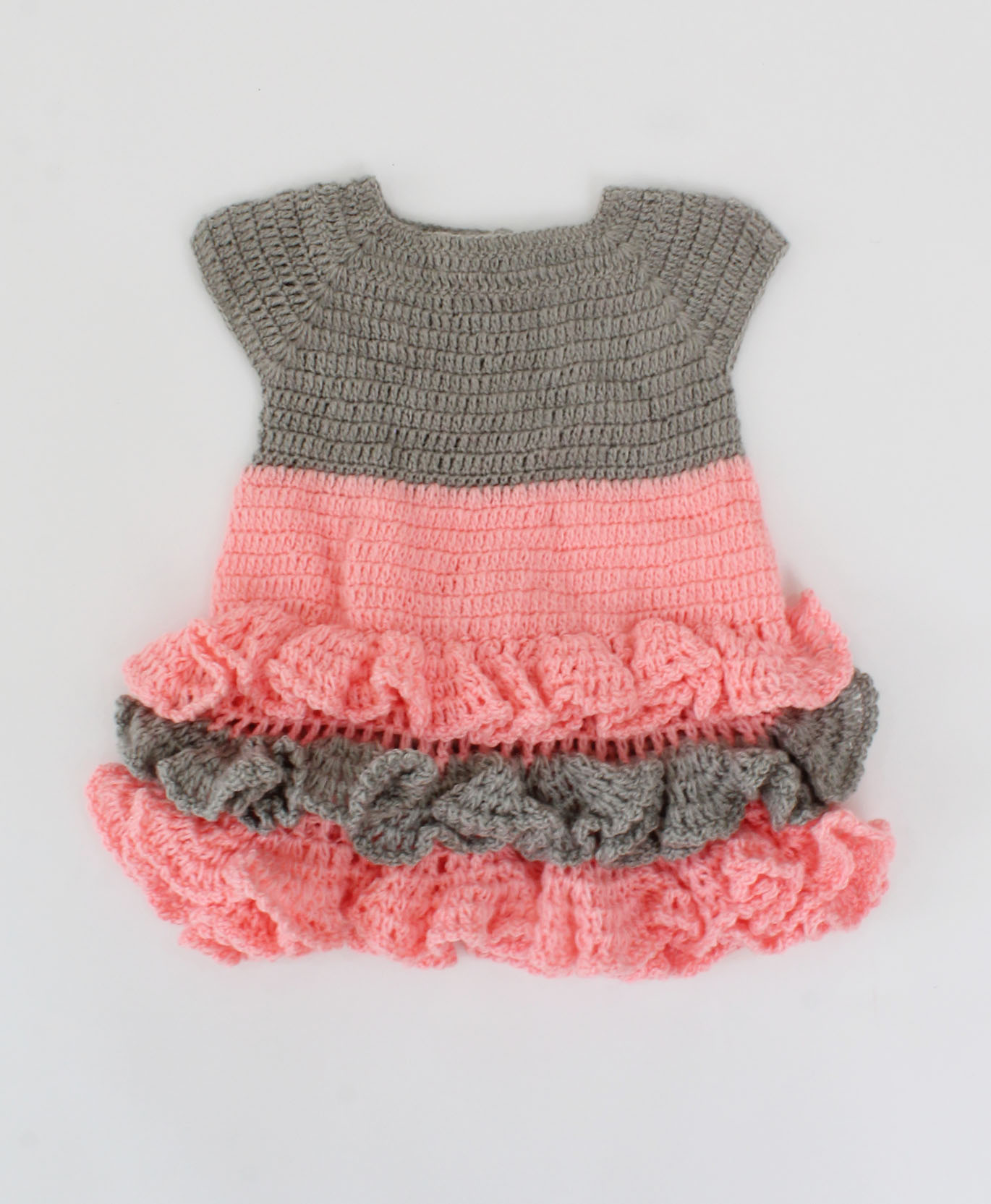 Woonie Handmade Short Sleeves Frill Design Heavy Frock With Full Sleeves Shrug-Pink & Grey