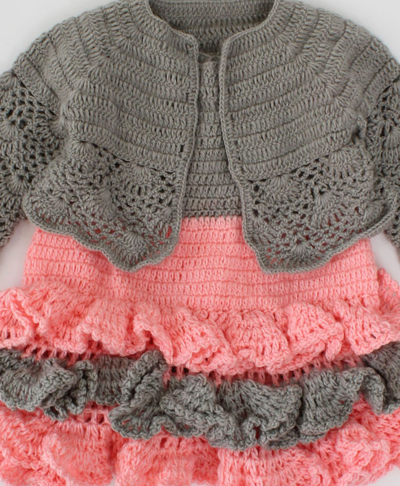 Woonie Handmade Short Sleeves Frill Design Heavy Frock With Full Sleeves Shrug-Pink & Grey