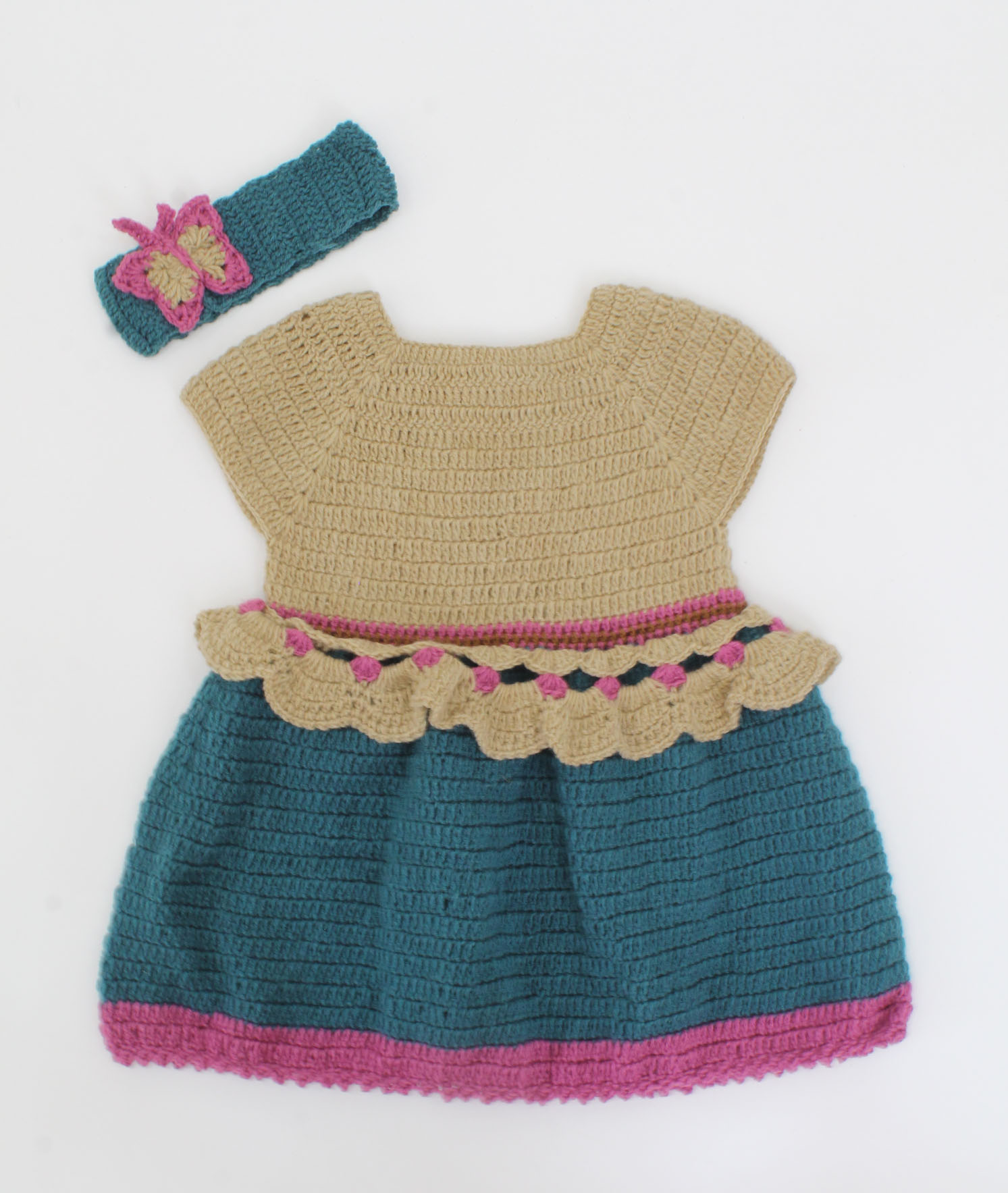 Woonie Handmade Cap Sleeves Beautiful Designed Frock With Butterfly Detailing Headband-Beige & Green