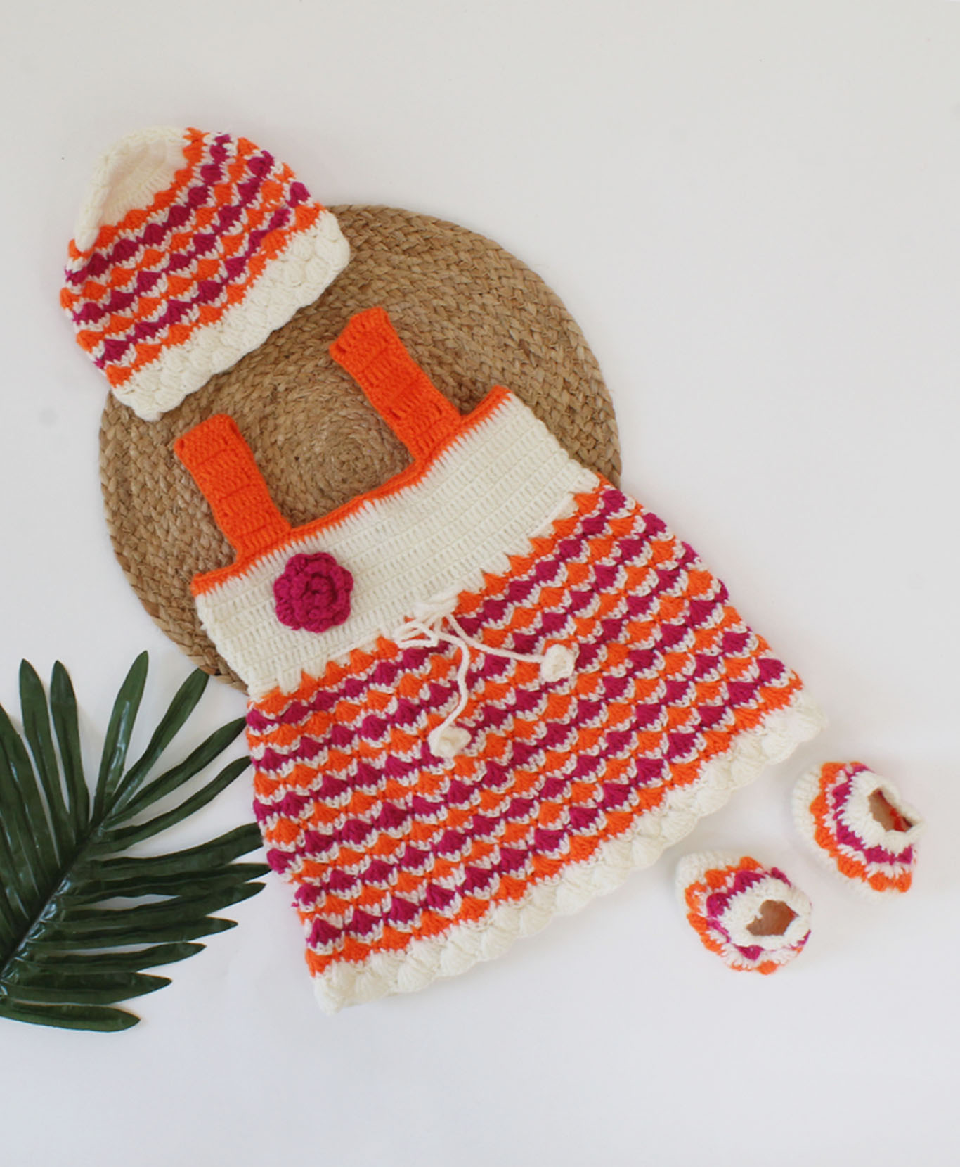 Woonie Handmade Sleeveless Drawstring Geomatrical Frock With Cap & Booties-Orange