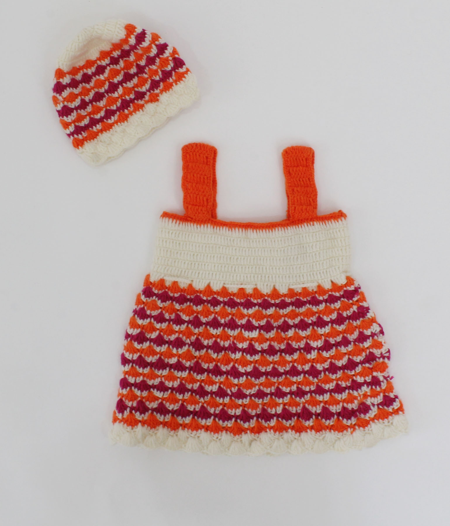 Woonie Handmade Sleeveless Drawstring Geomatrical Frock With Cap & Booties-Orange