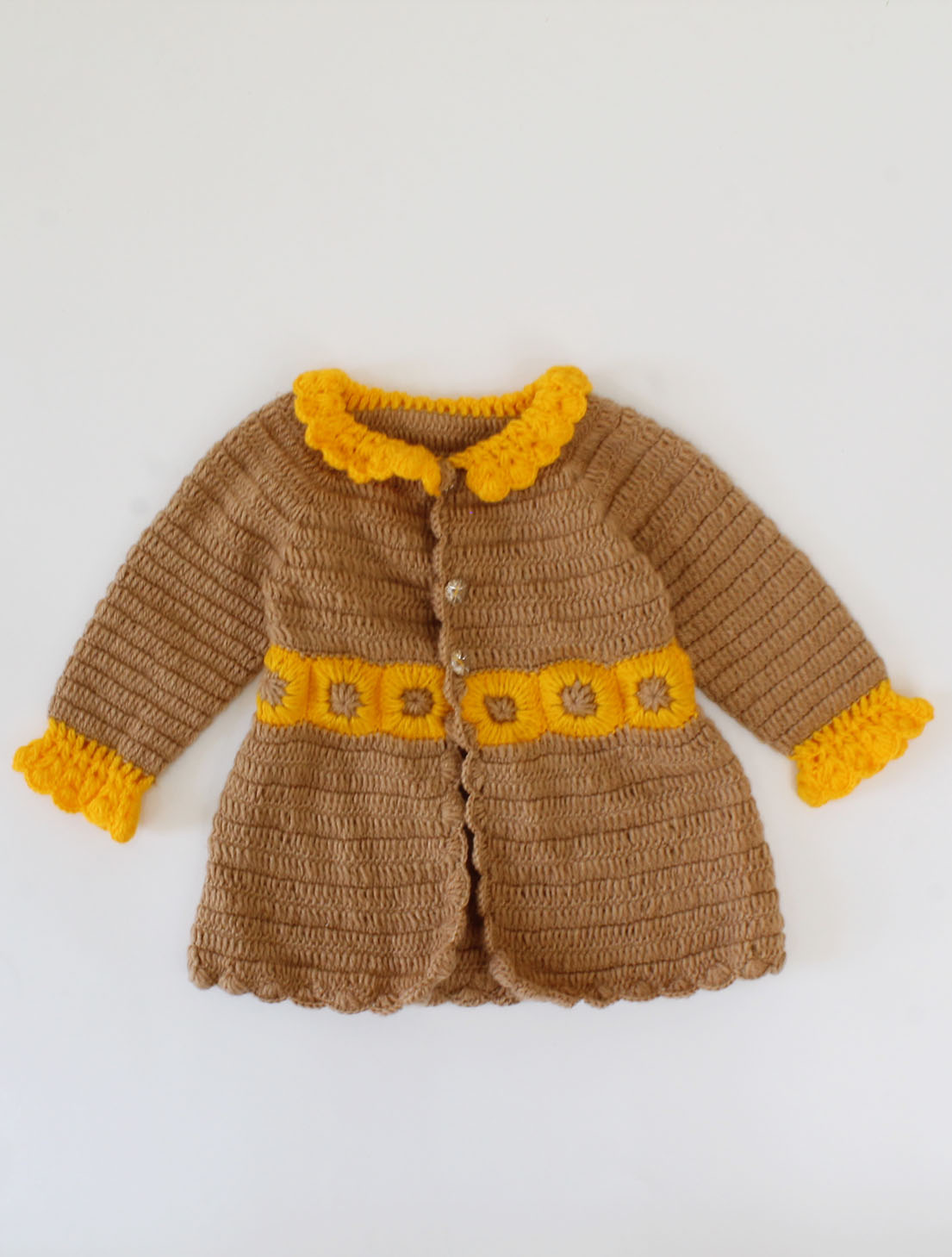 Woonie Handmade Full Sleeves Front openable Dress-Brown & Yellow