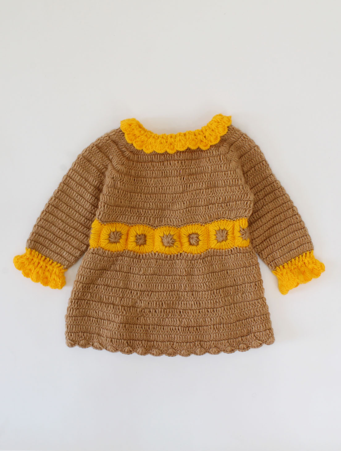 Woonie Handmade Full Sleeves Front openable Dress-Brown & Yellow