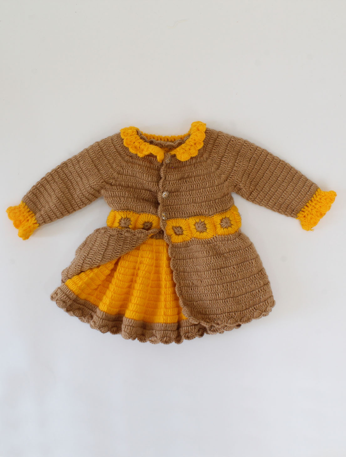 Woonie Handmade Full Sleeves Front openable Dress-Brown & Yellow