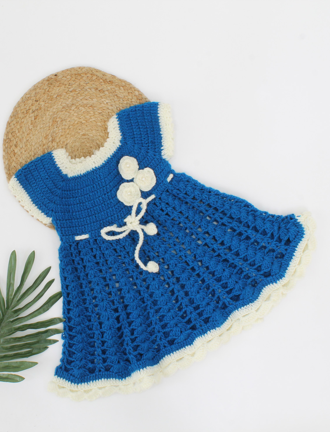 Woonie Handmade Sleeveless Crochet Flowers Applique Frock-Blue