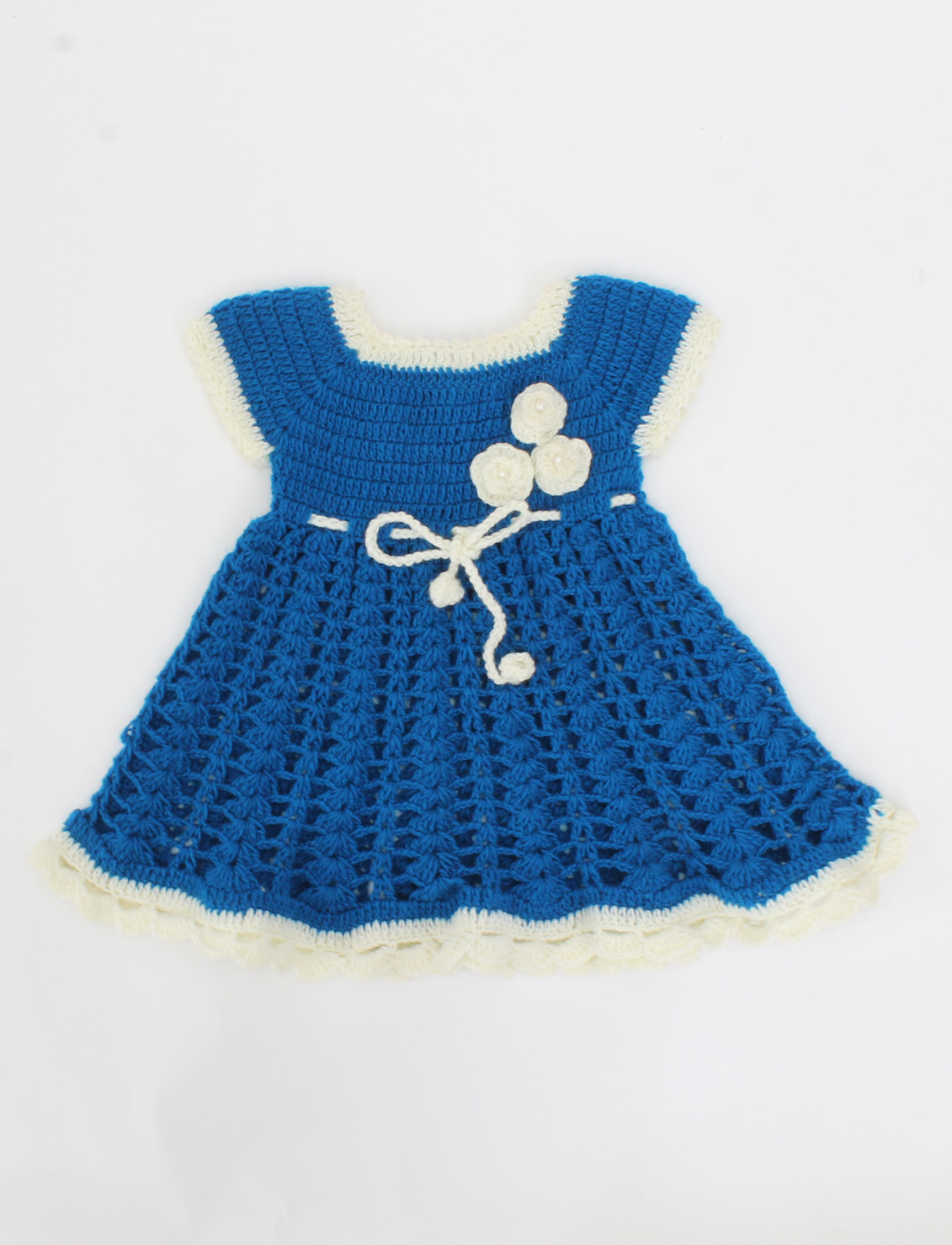 Woonie Handmade Sleeveless Crochet Flowers Applique Frock-Blue