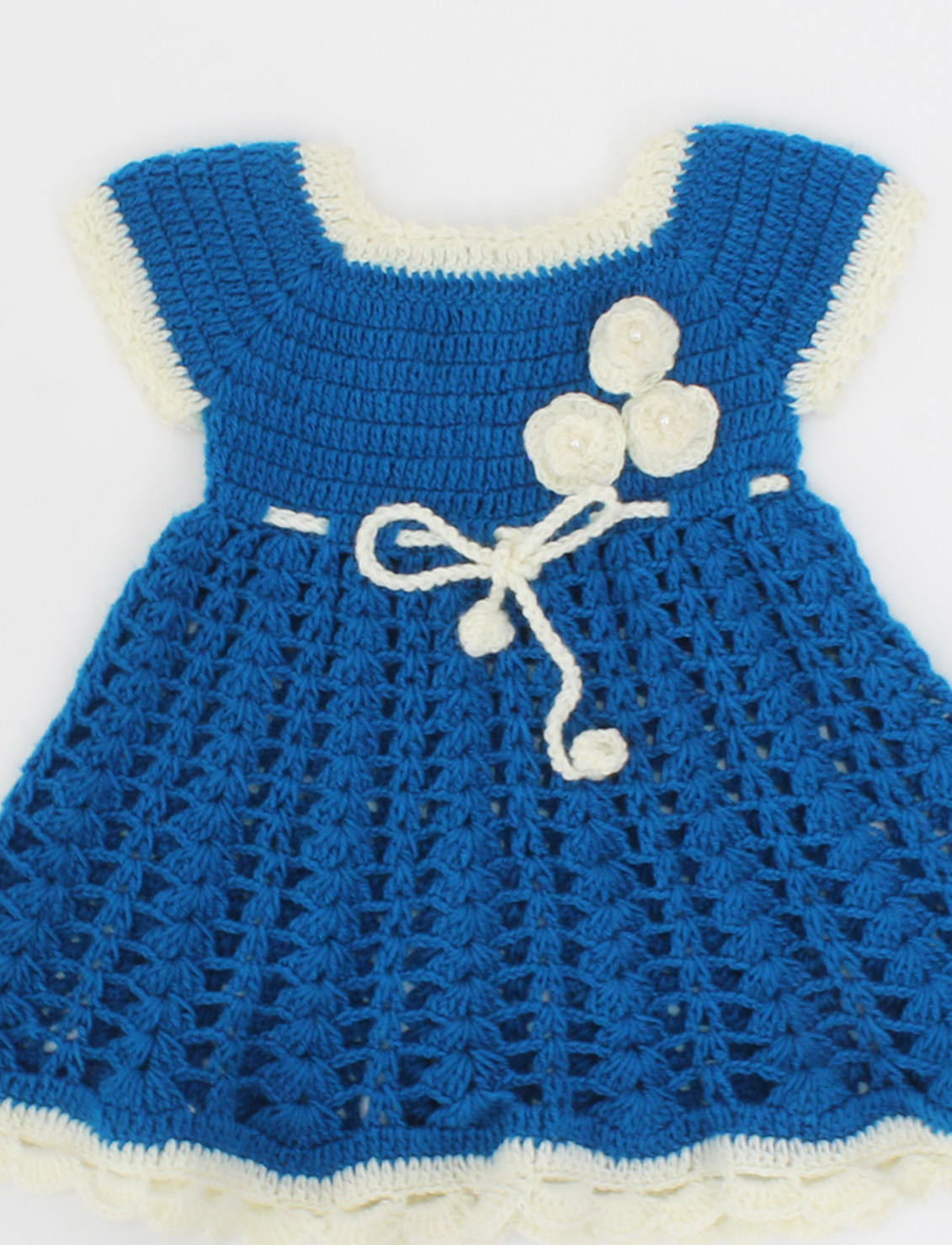 Woonie Handmade Sleeveless Crochet Flowers Applique Frock-Blue