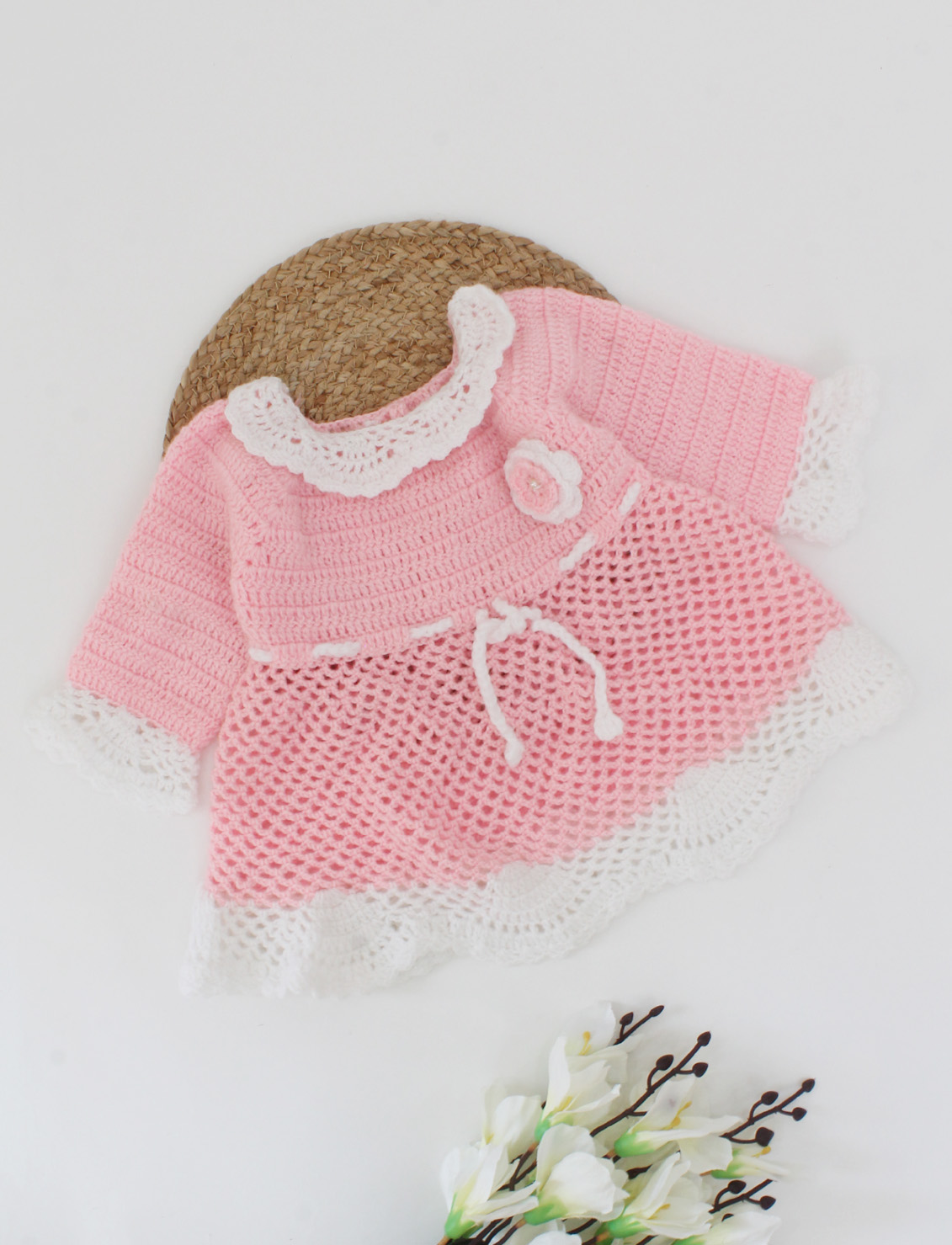 Woonie Handmade Full Sleeves Crochet Floral Design Frock-Pink