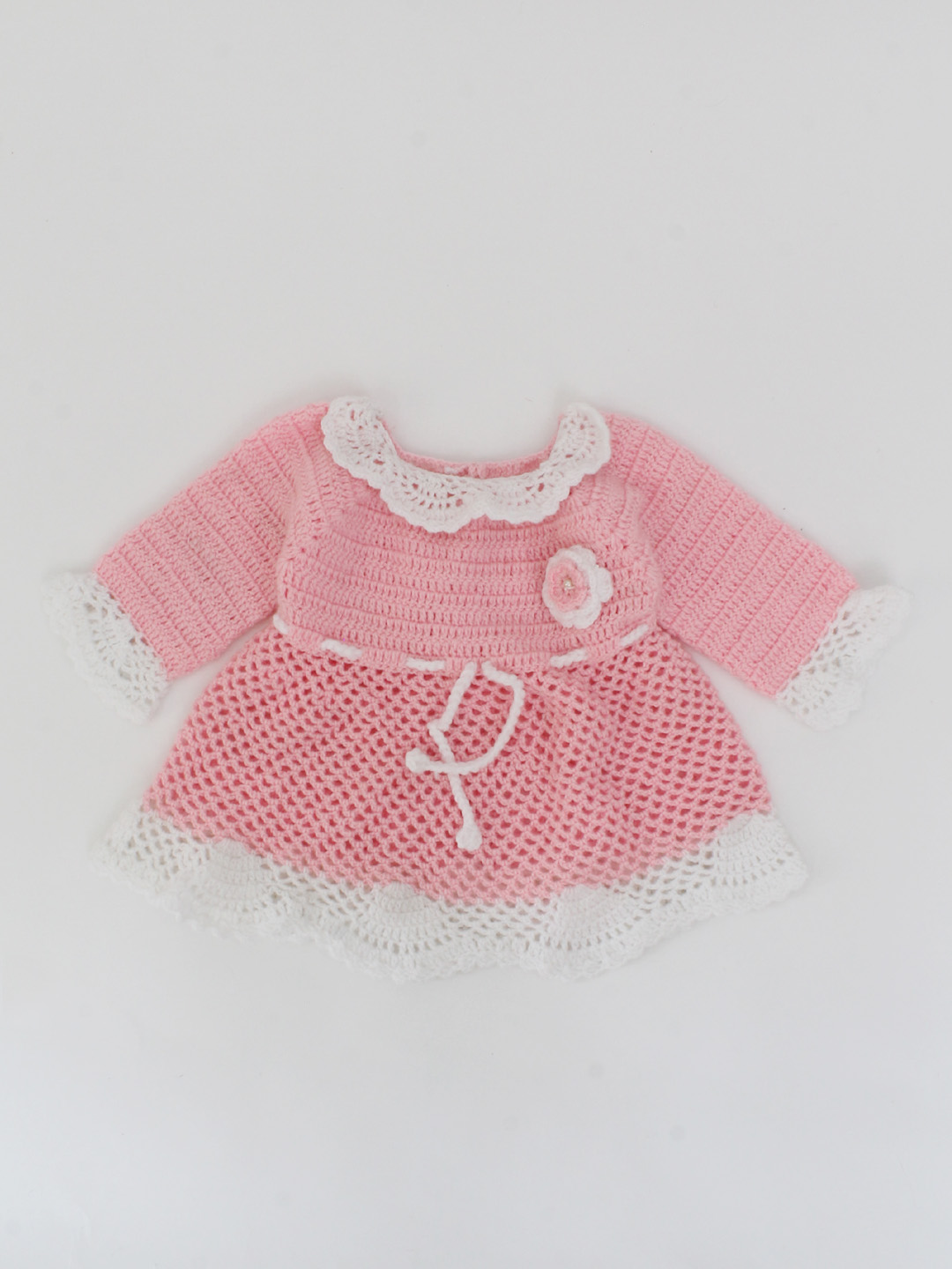 Woonie Handmade Full Sleeves Crochet Floral Design Frock-Pink