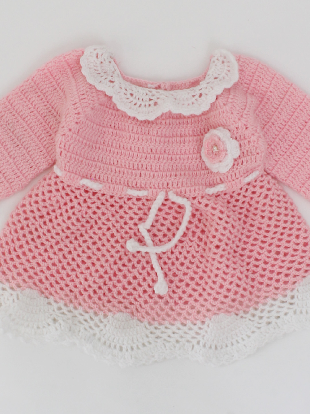 Woonie Handmade Full Sleeves Crochet Floral Design Frock-Pink