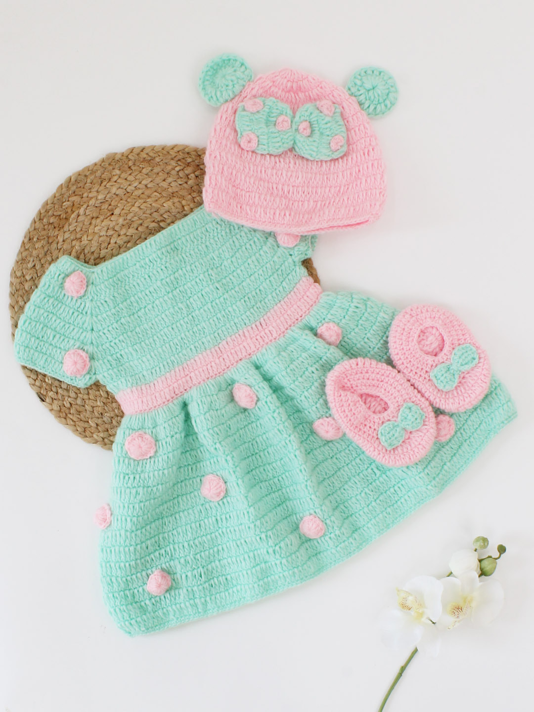 Woonie Handmade Polka Dot Pattern Frock With Bow Detailing Cap & Booties-Green & Pink
