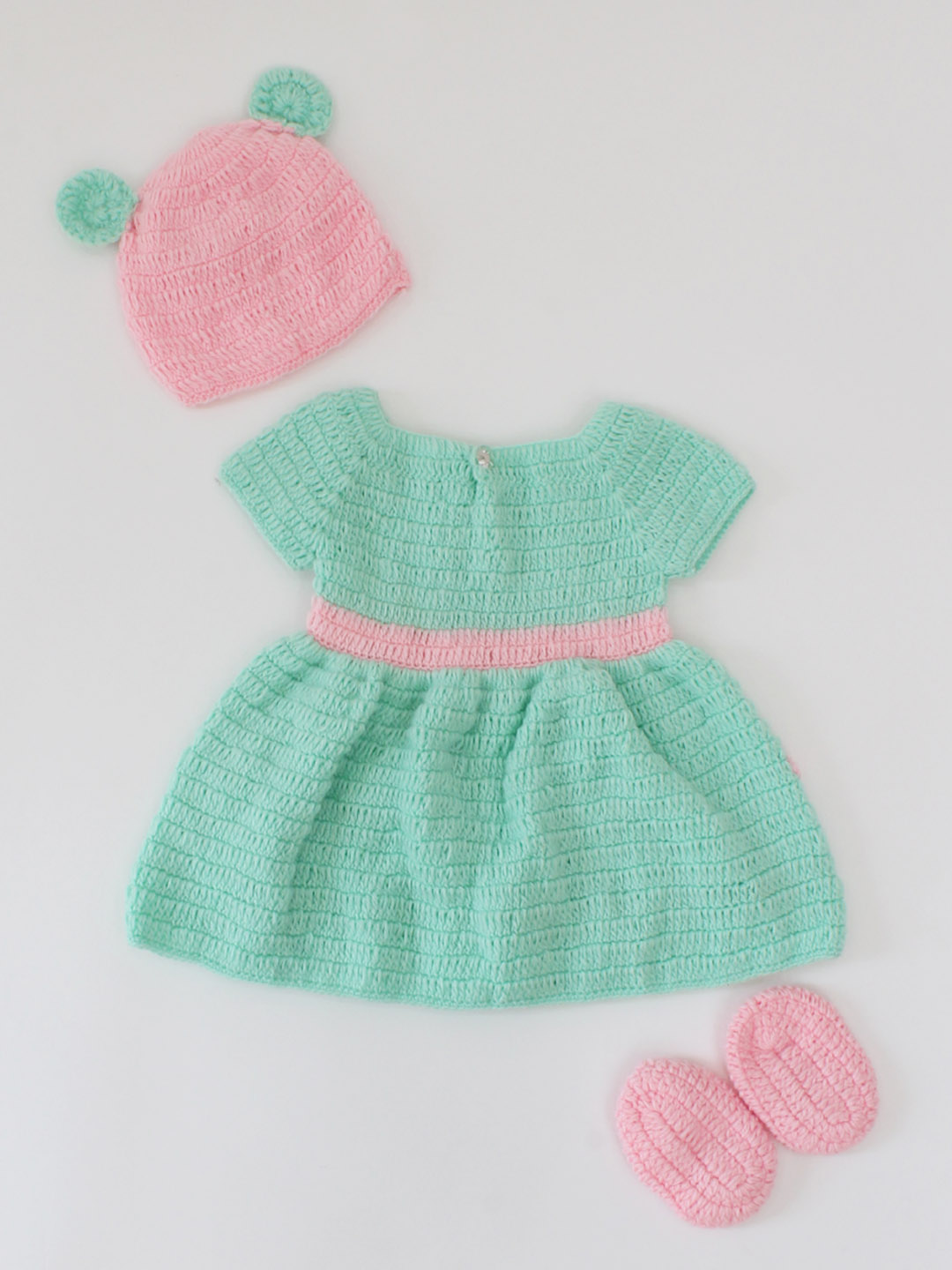 Woonie Handmade Polka Dot Pattern Frock With Bow Detailing Cap & Booties-Green & Pink
