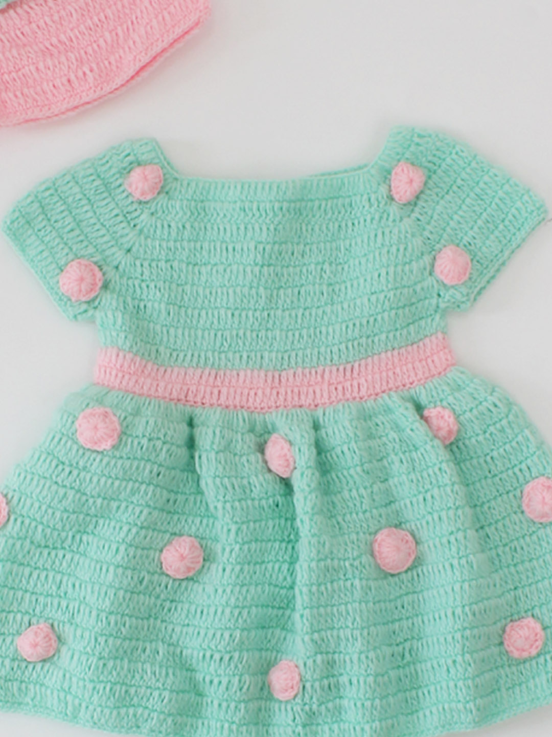 Woonie Handmade Polka Dot Pattern Frock With Bow Detailing Cap & Booties-Green & Pink