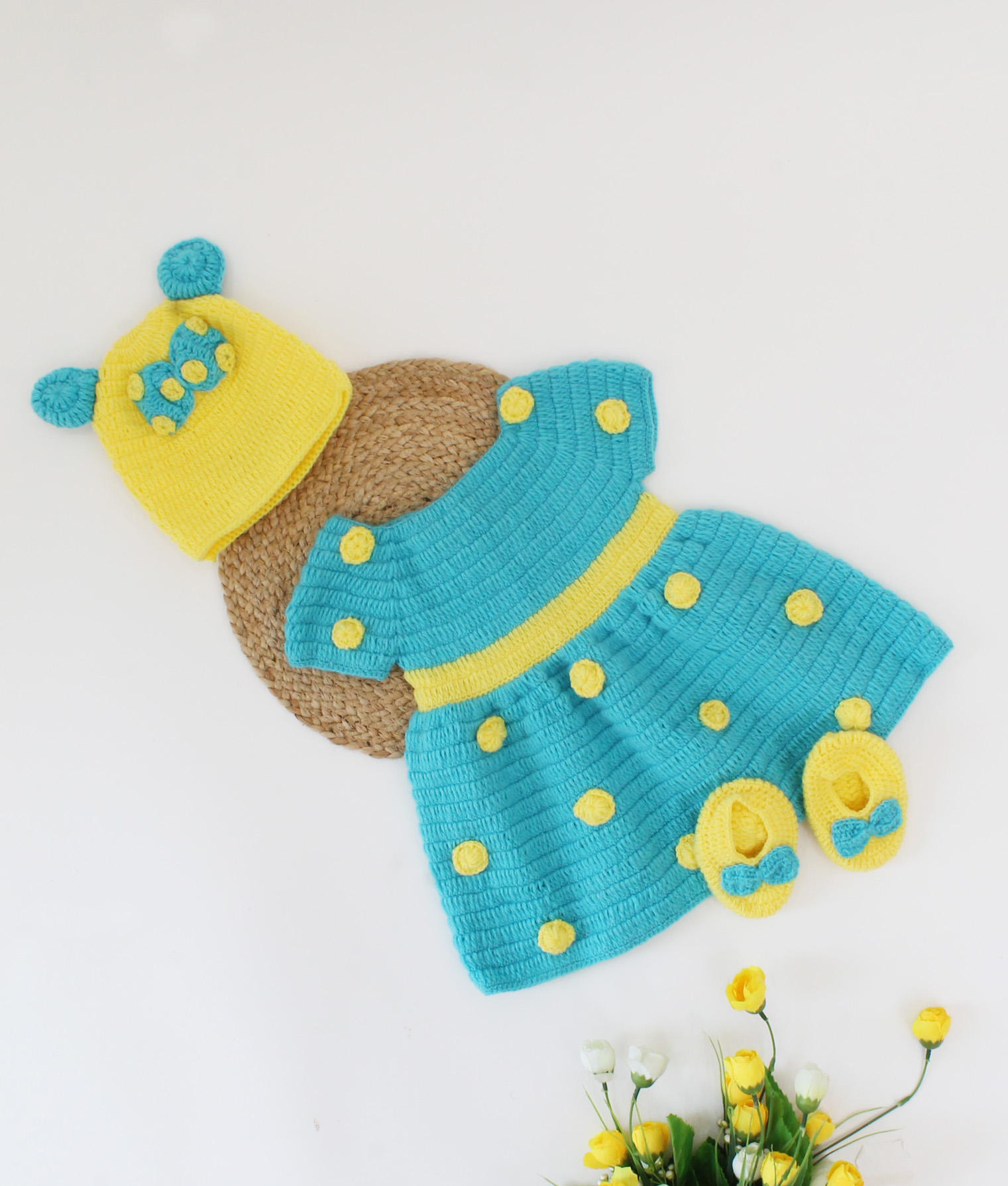 Woonie Handmade Polka Dot Pattern Frock With Bow Detailing Cap & Booties- Blue & Yellow