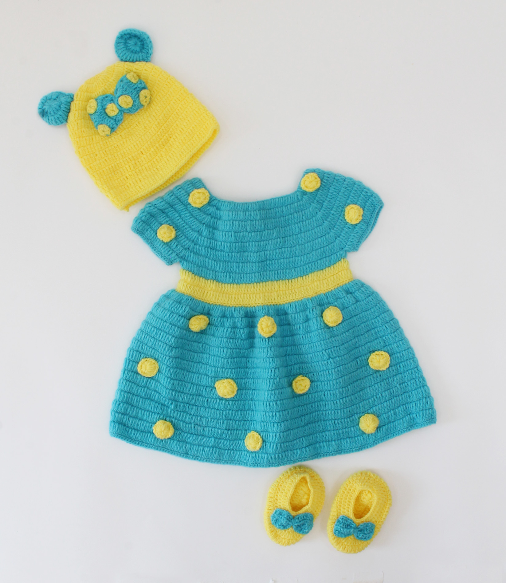 Woonie Handmade Polka Dot Pattern Frock With Bow Detailing Cap & Booties- Blue & Yellow