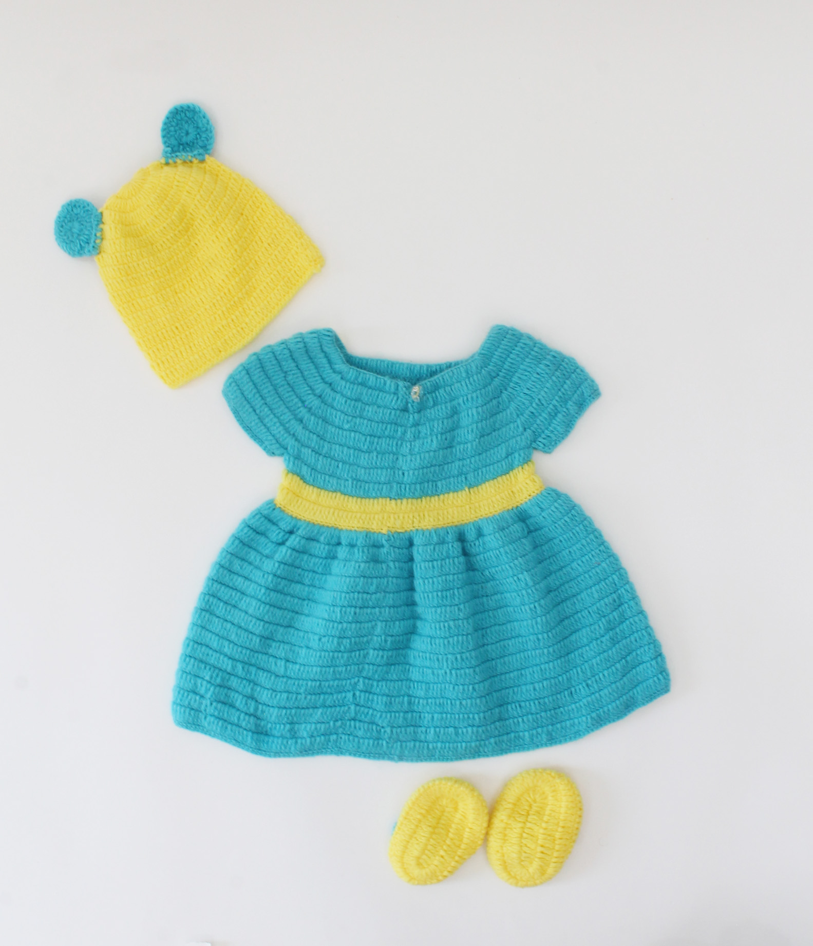 Woonie Handmade Polka Dot Pattern Frock With Bow Detailing Cap & Booties- Blue & Yellow